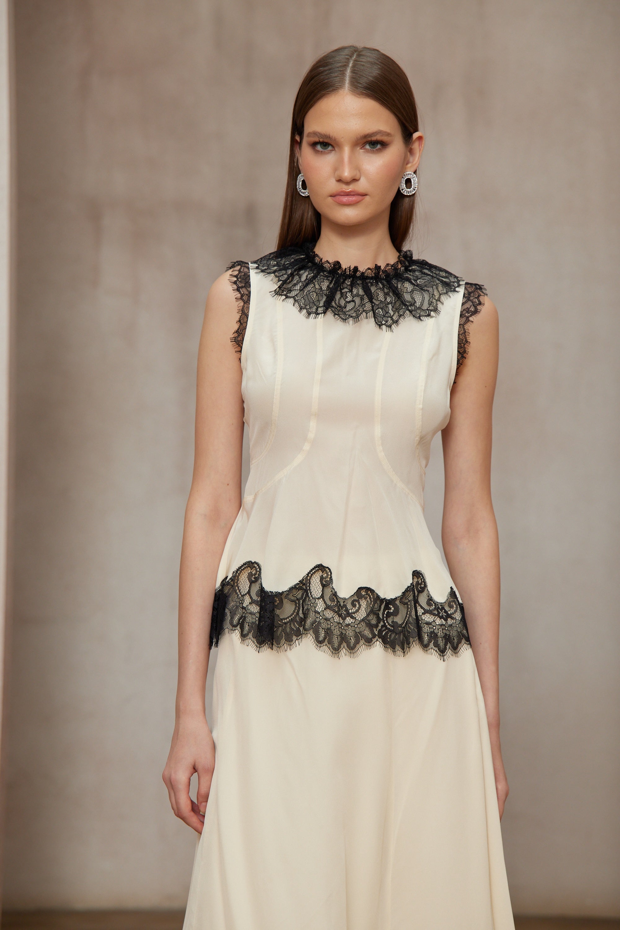 Zsófia Neutral Lace Panel Chiffon Top & Skirt Matching Set (Final Sale)