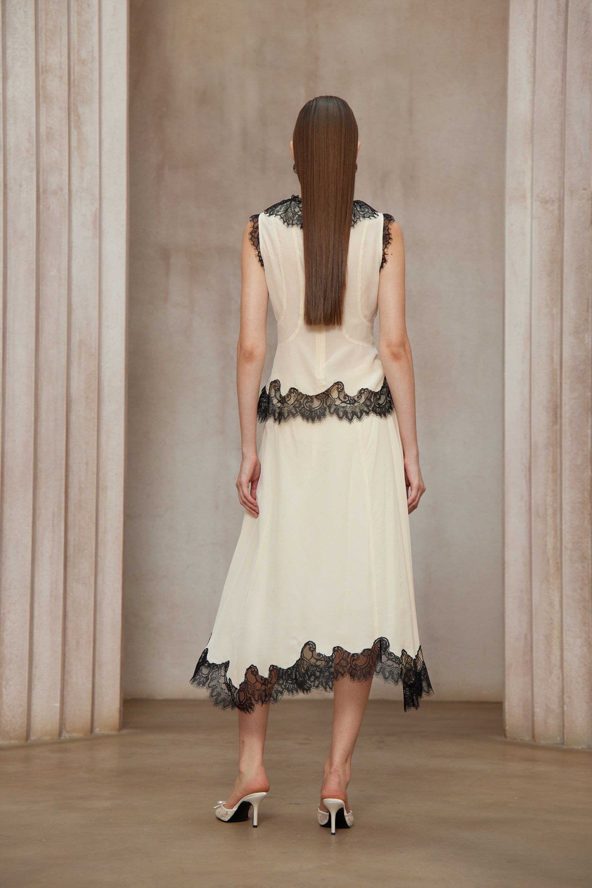 Zsófia Neutral Lace Panel Chiffon Top & Skirt Matching Set (Final Sale)