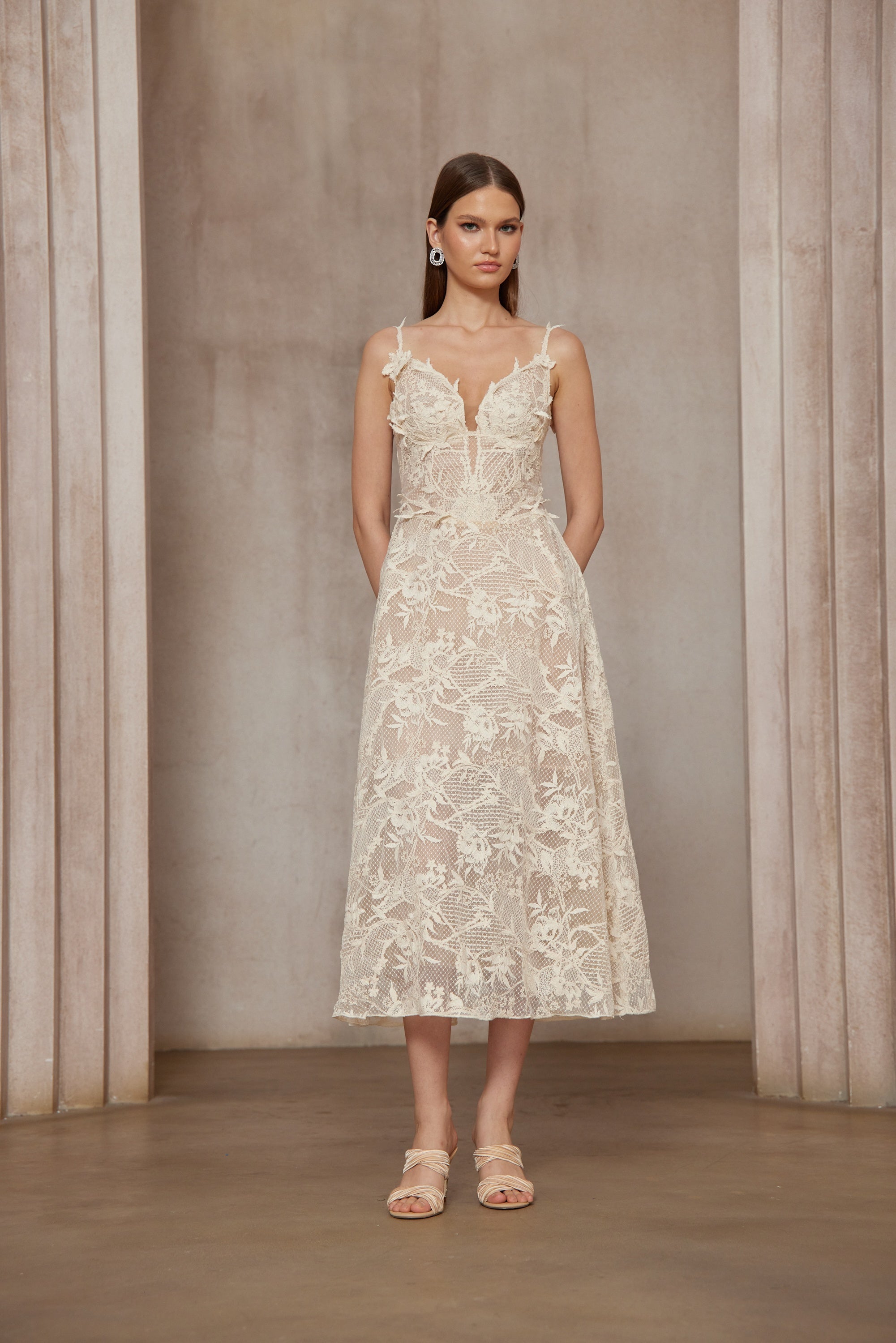 Amber White Sleeveless Floral Lace Midi Dress (Final Sale)
