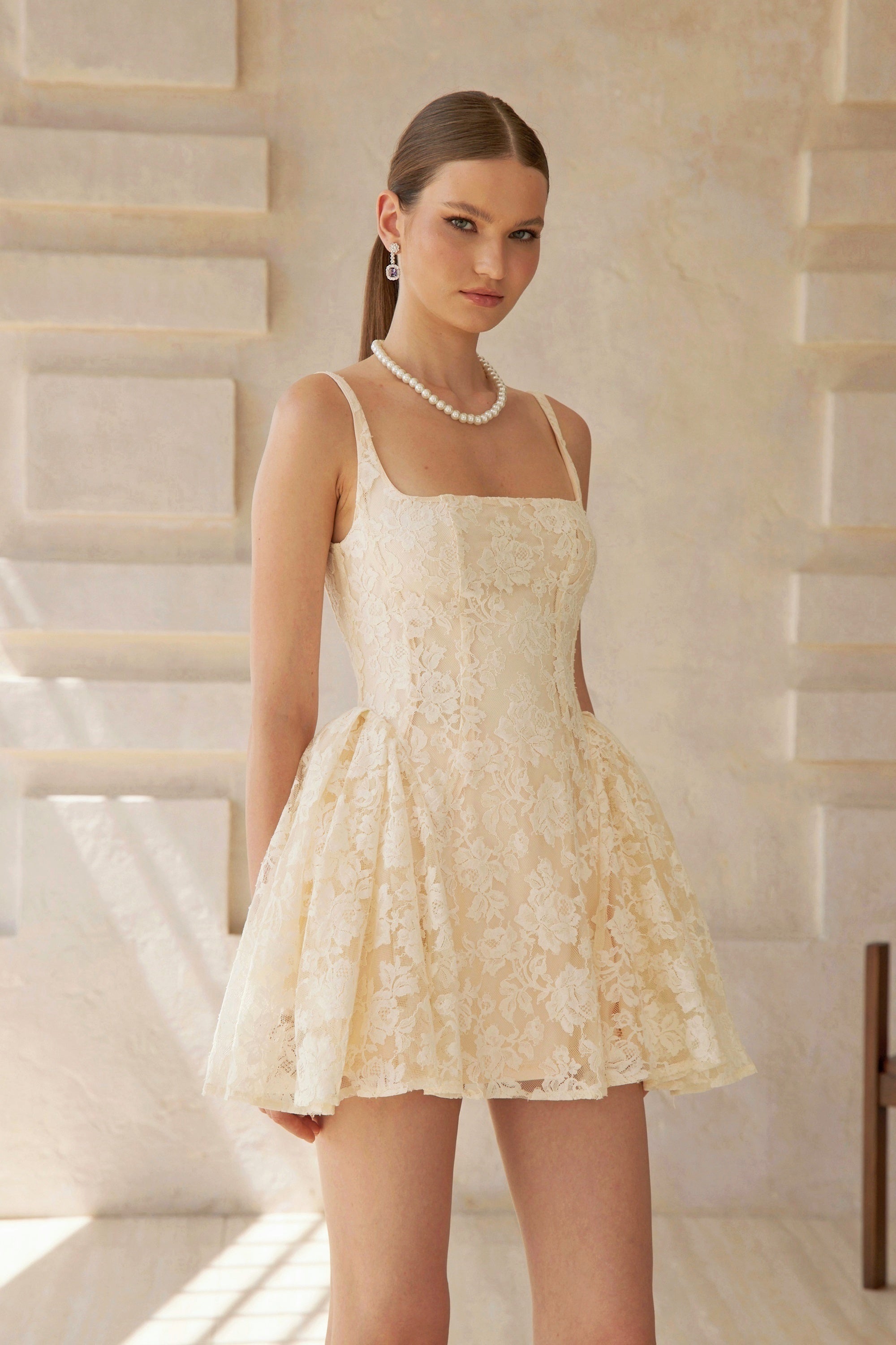 Euphemia Cream White Floral Lace Mini Dress