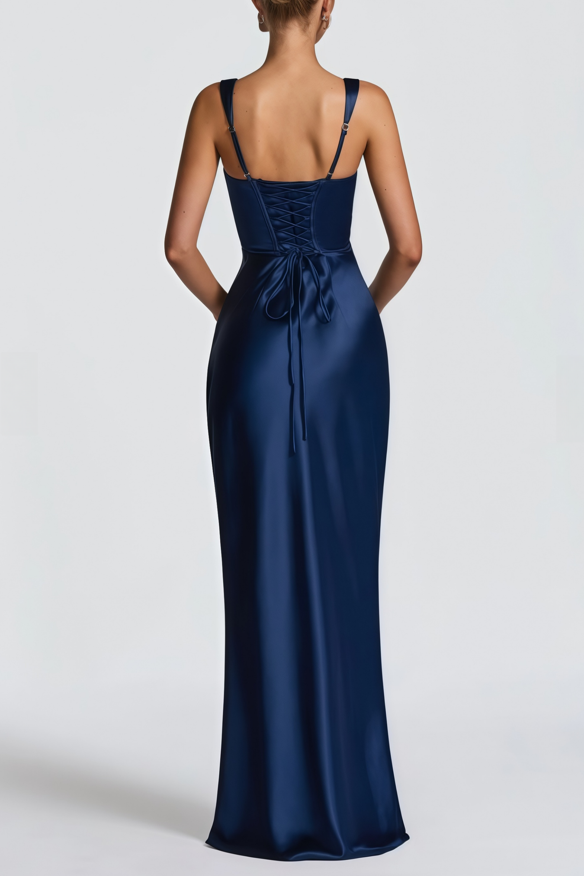 Square Neckline Satin Evening Gown in Navy