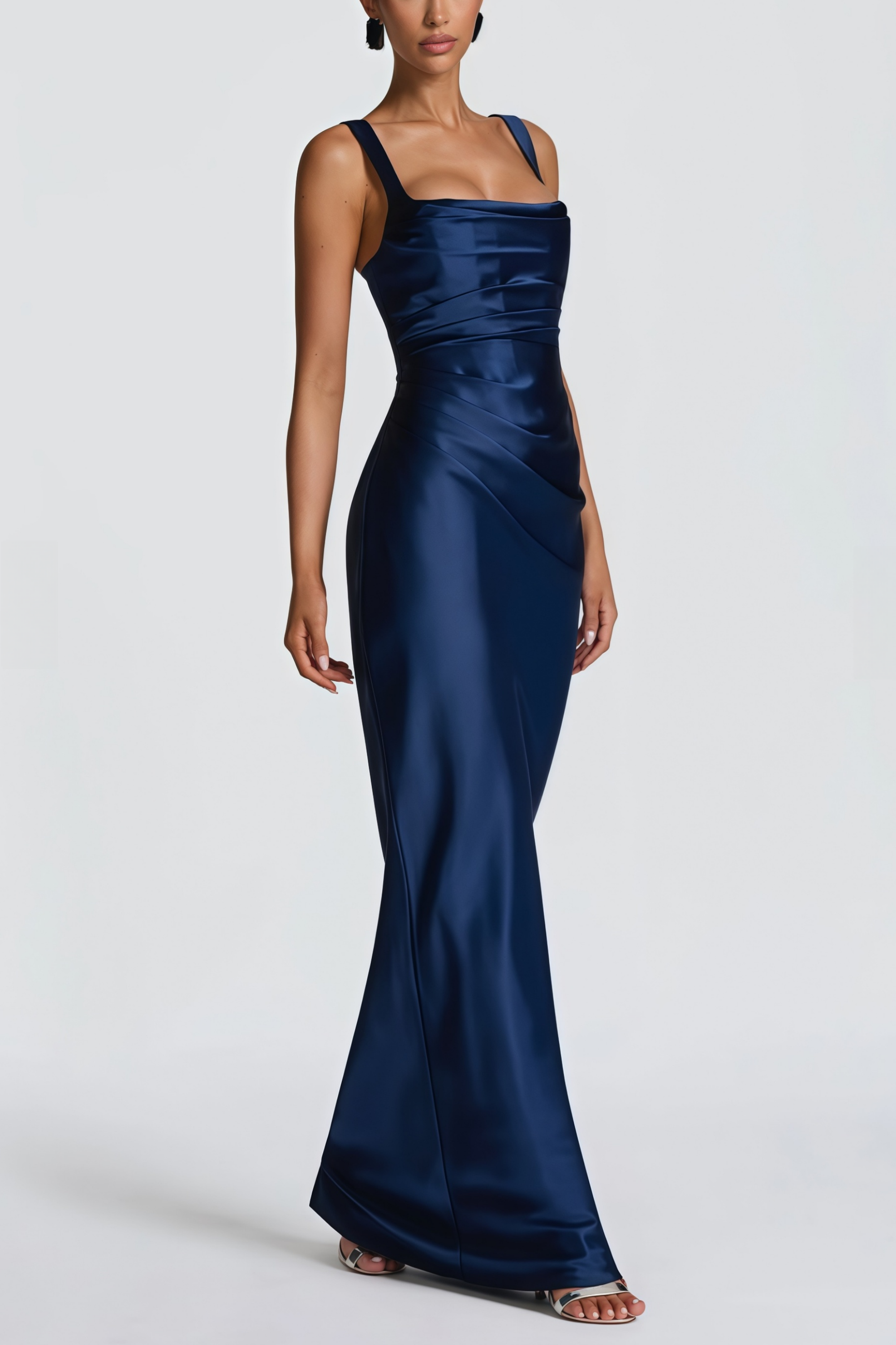 Square Neckline Satin Evening Gown in Navy