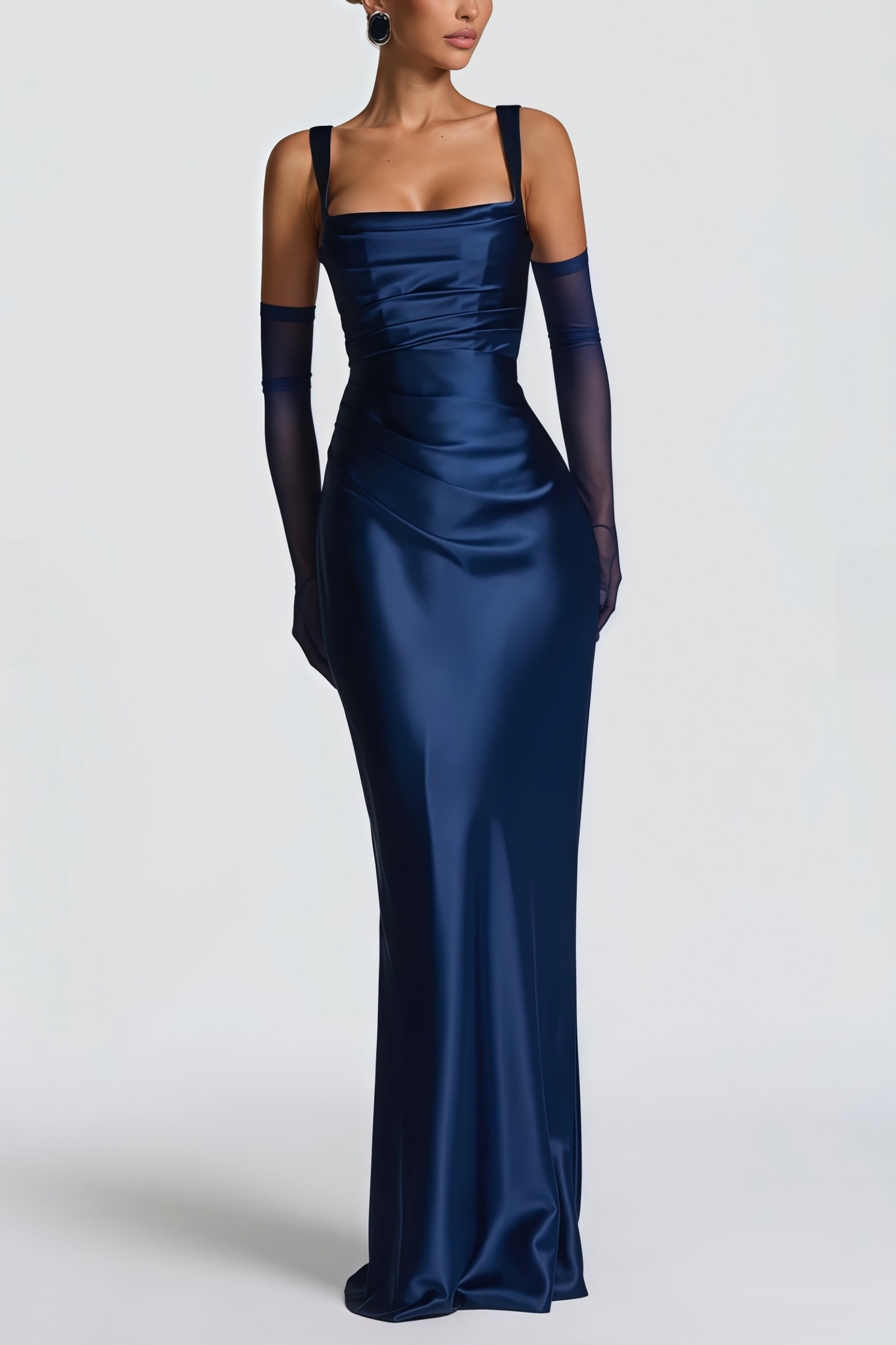 Square Neckline Satin Evening Gown in Navy