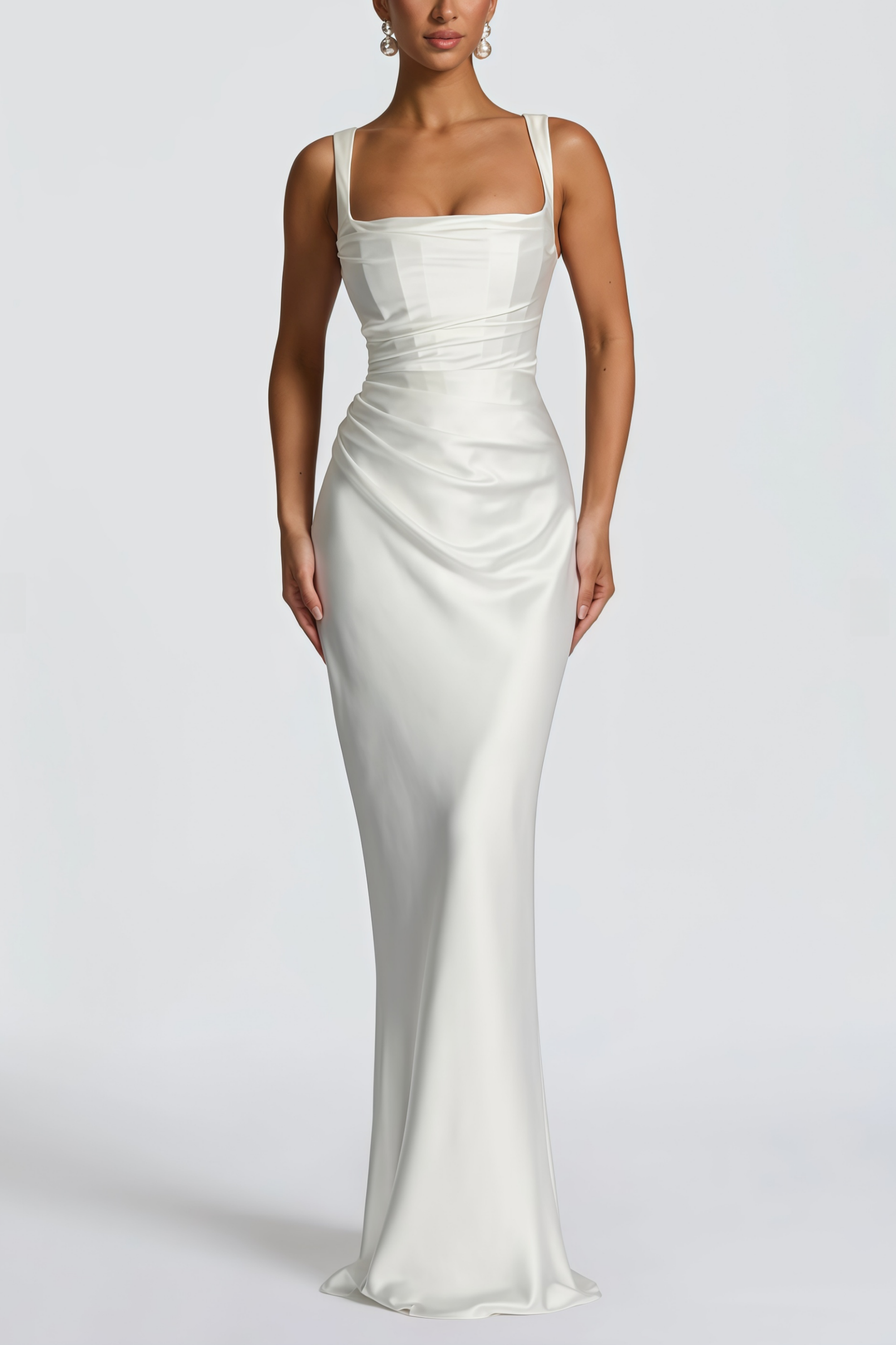 White Ruched Satin Maxi Dress