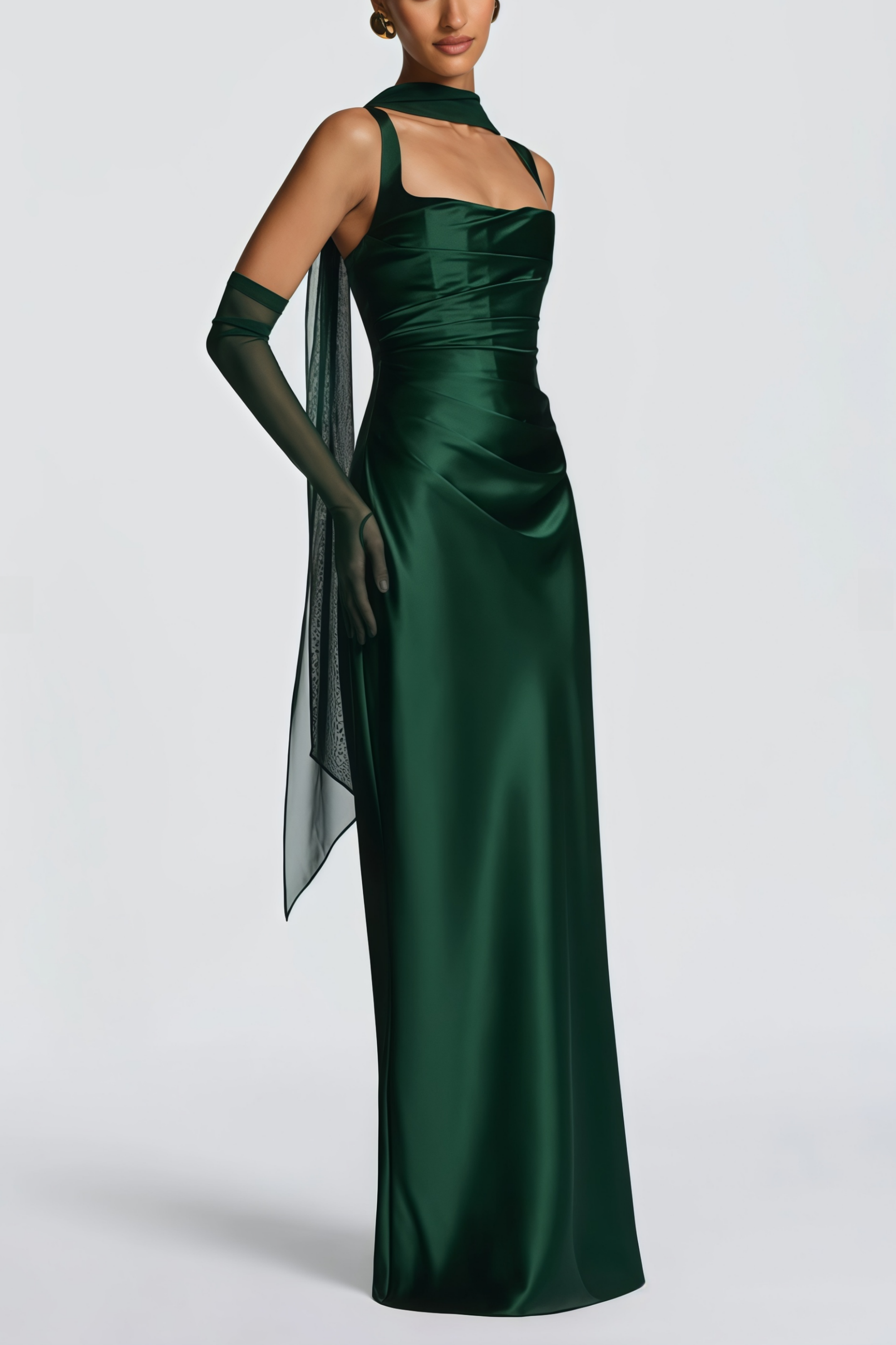 Emerald Ruched Satin Maxi Dress