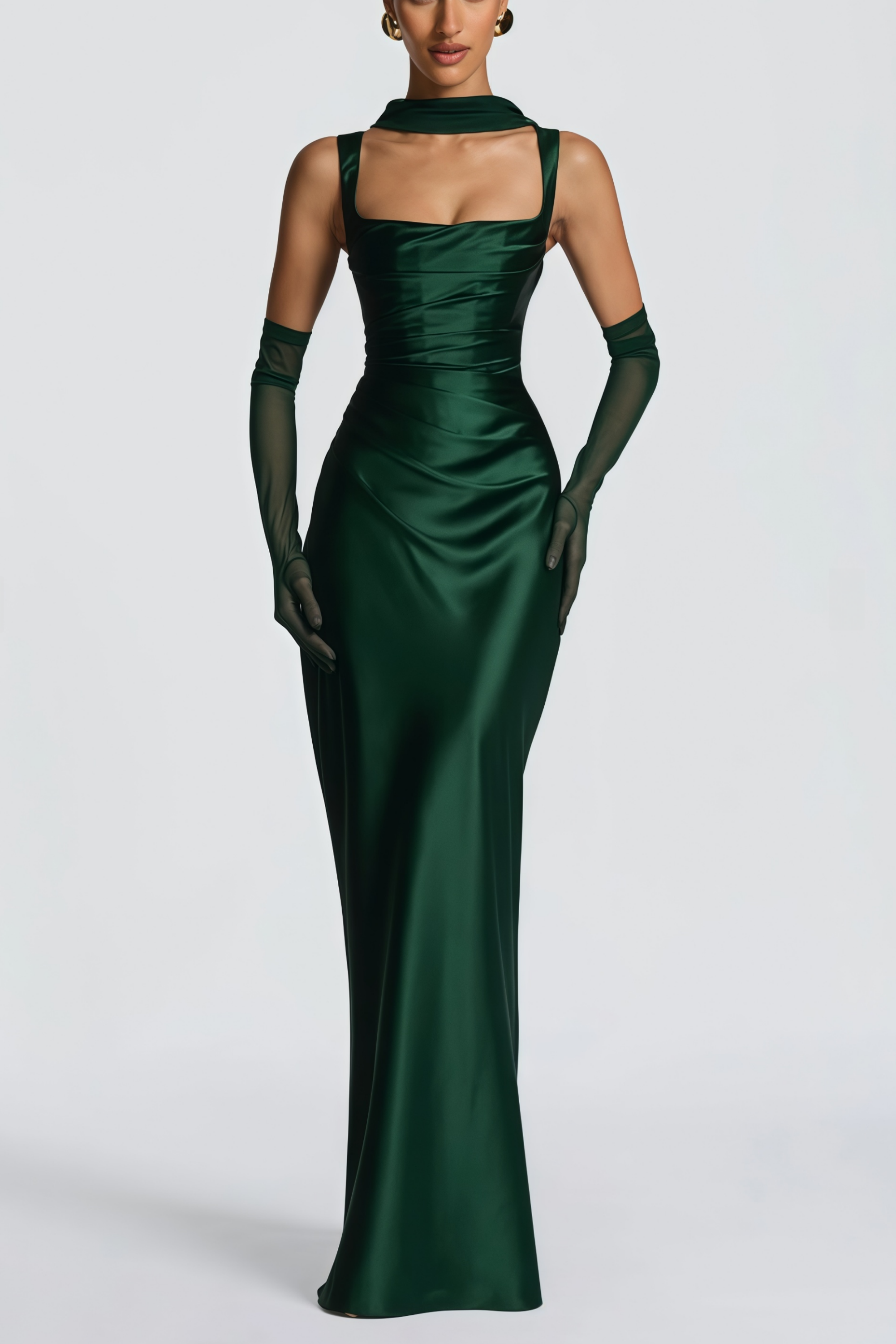 Emerald Ruched Satin Maxi Dress