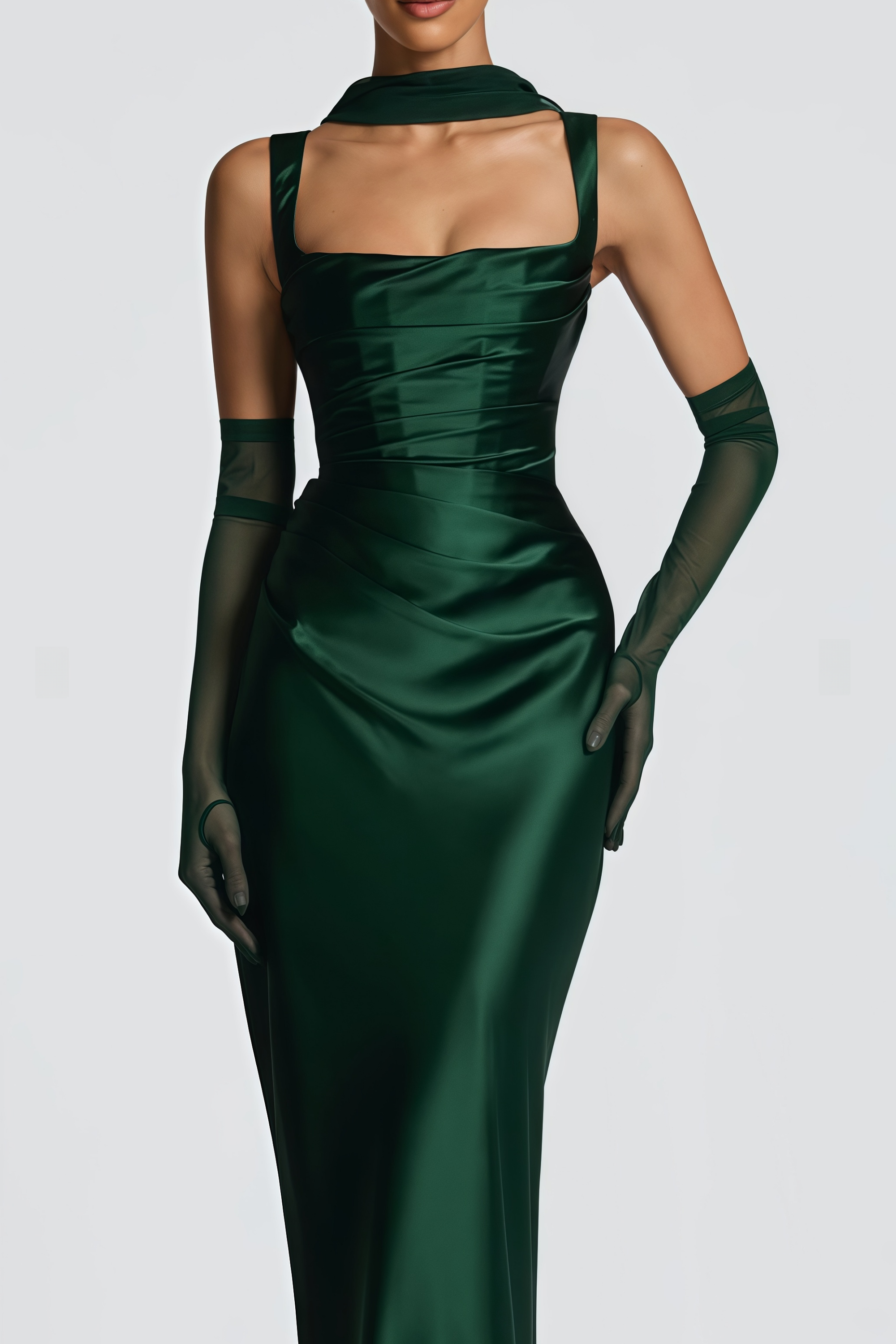Emerald Ruched Satin Maxi Dress