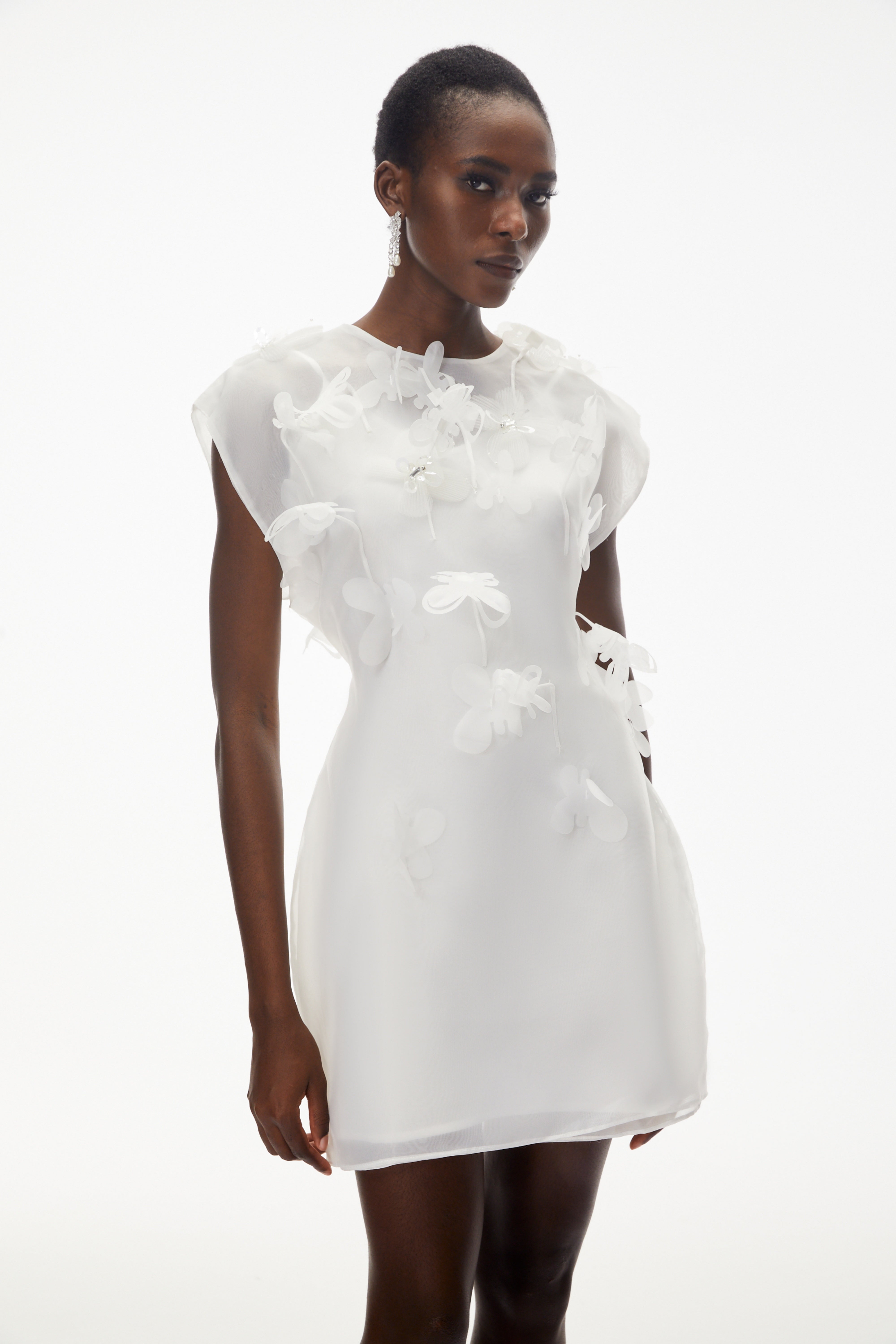 Maryam White Chiffon Mini Dress with 3D Petals (Final Sale-US Only)