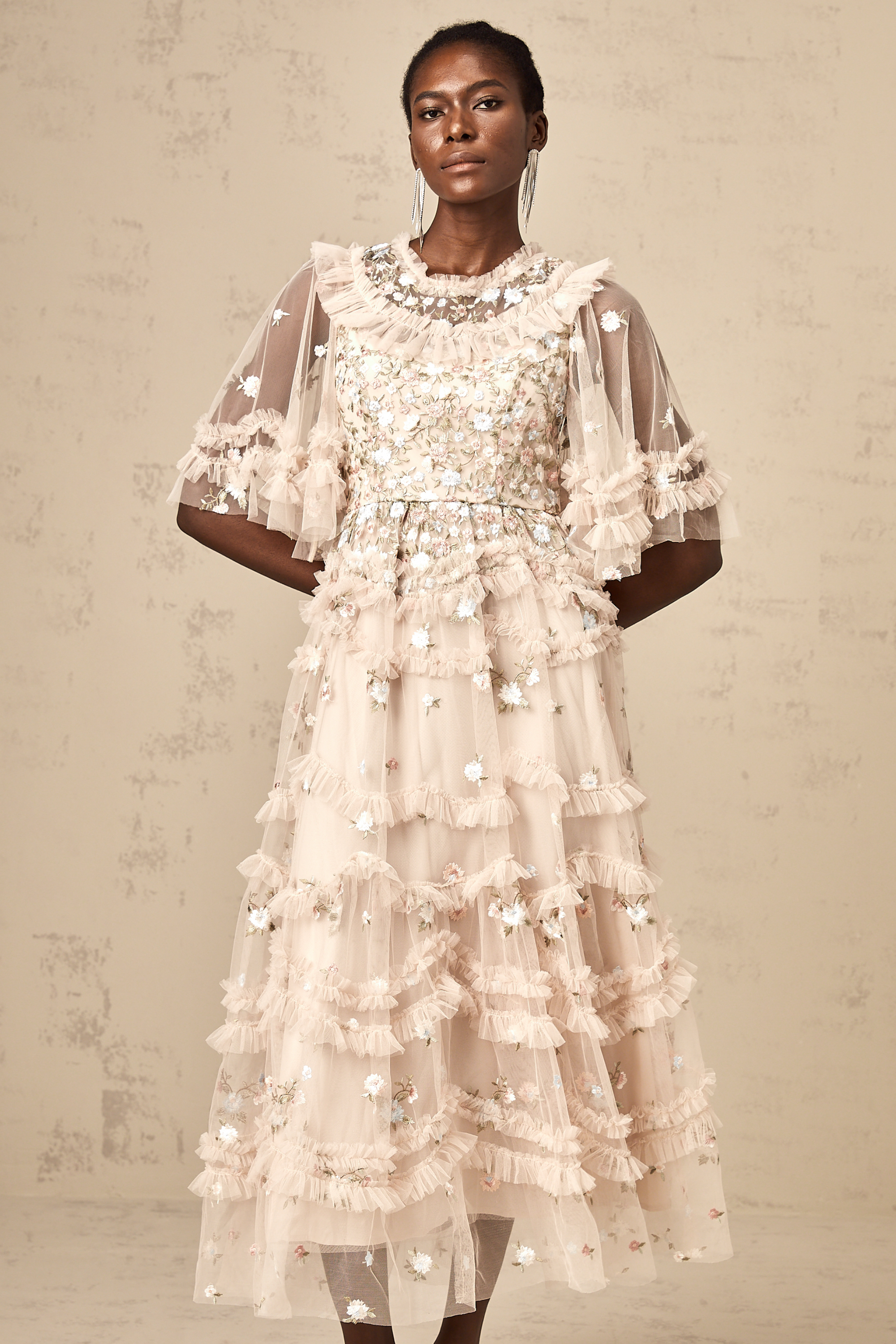 Kévina floral-embroidered tiered ruffled midi dress