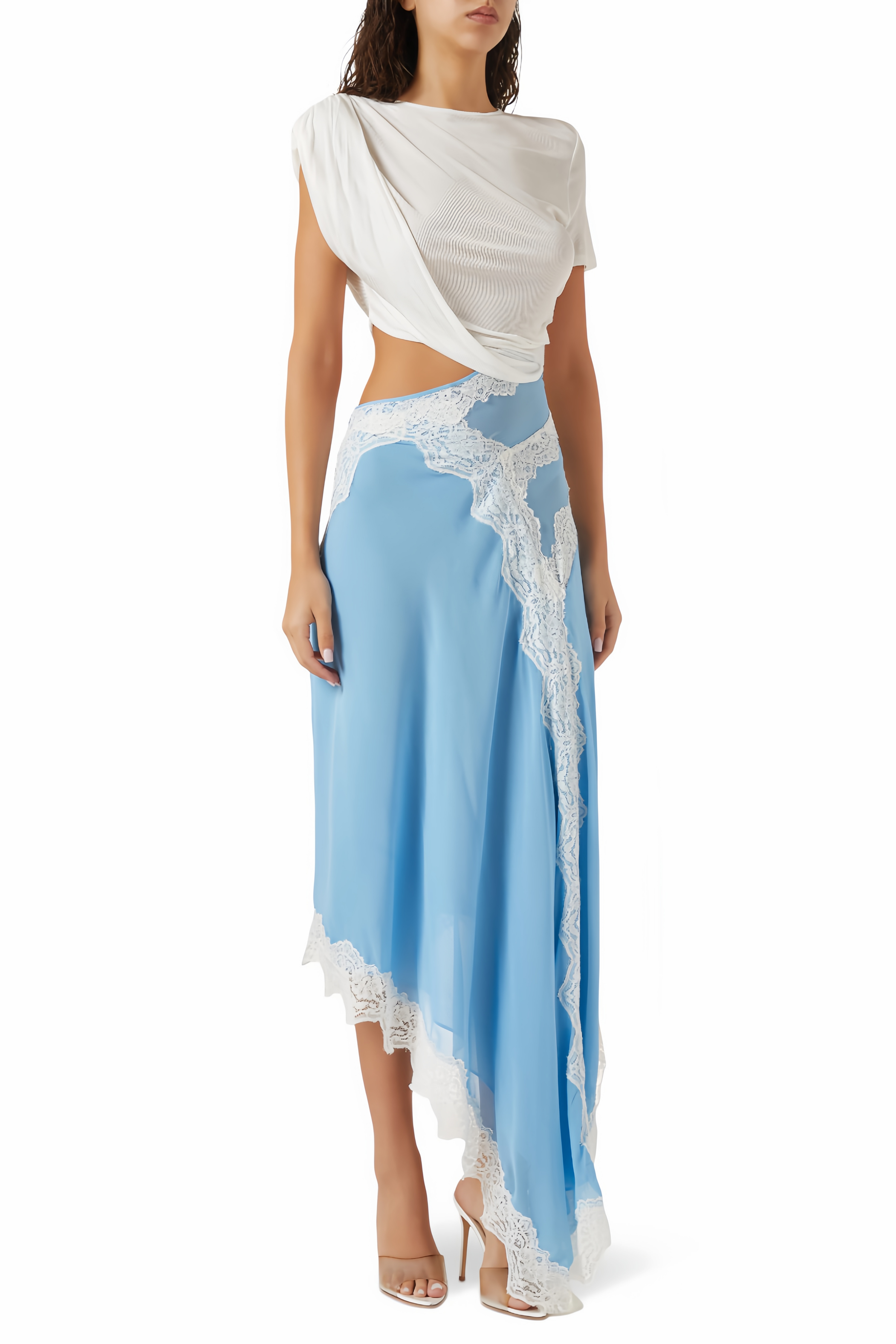 Asymmetrical Blue Silk Maxi Skirt with White Lace Trim and White Draped Crop Top