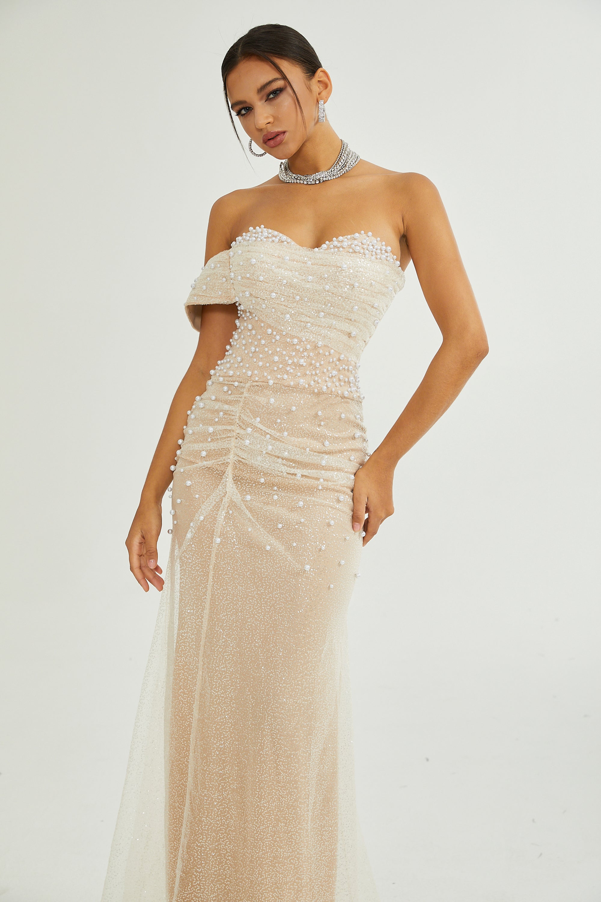 Sabine Faux Pearl Embellished Maxi Dress