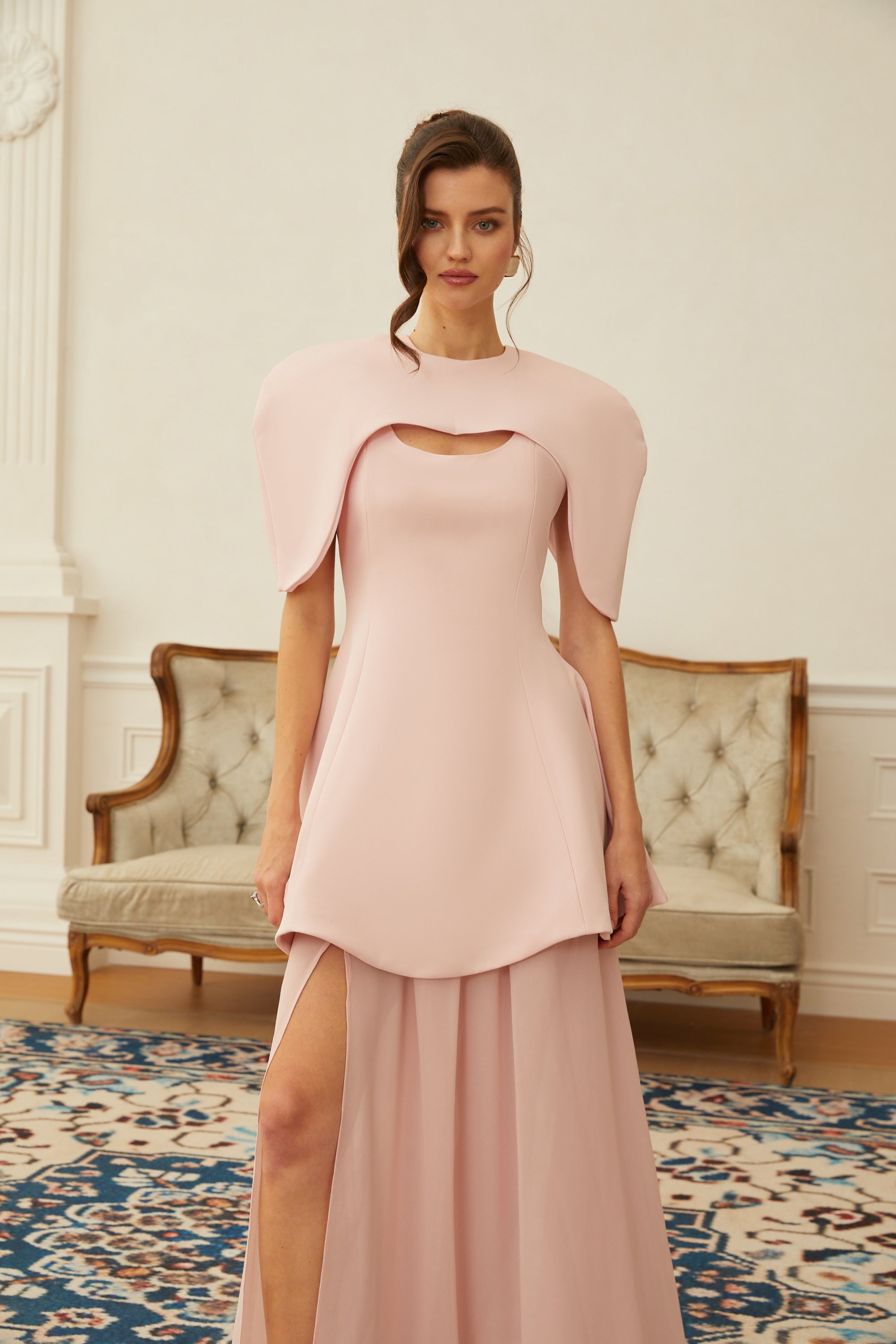 Auriane Pink Layered Cape Sculptural Maxi Dress Set (Final Sale-US Only)