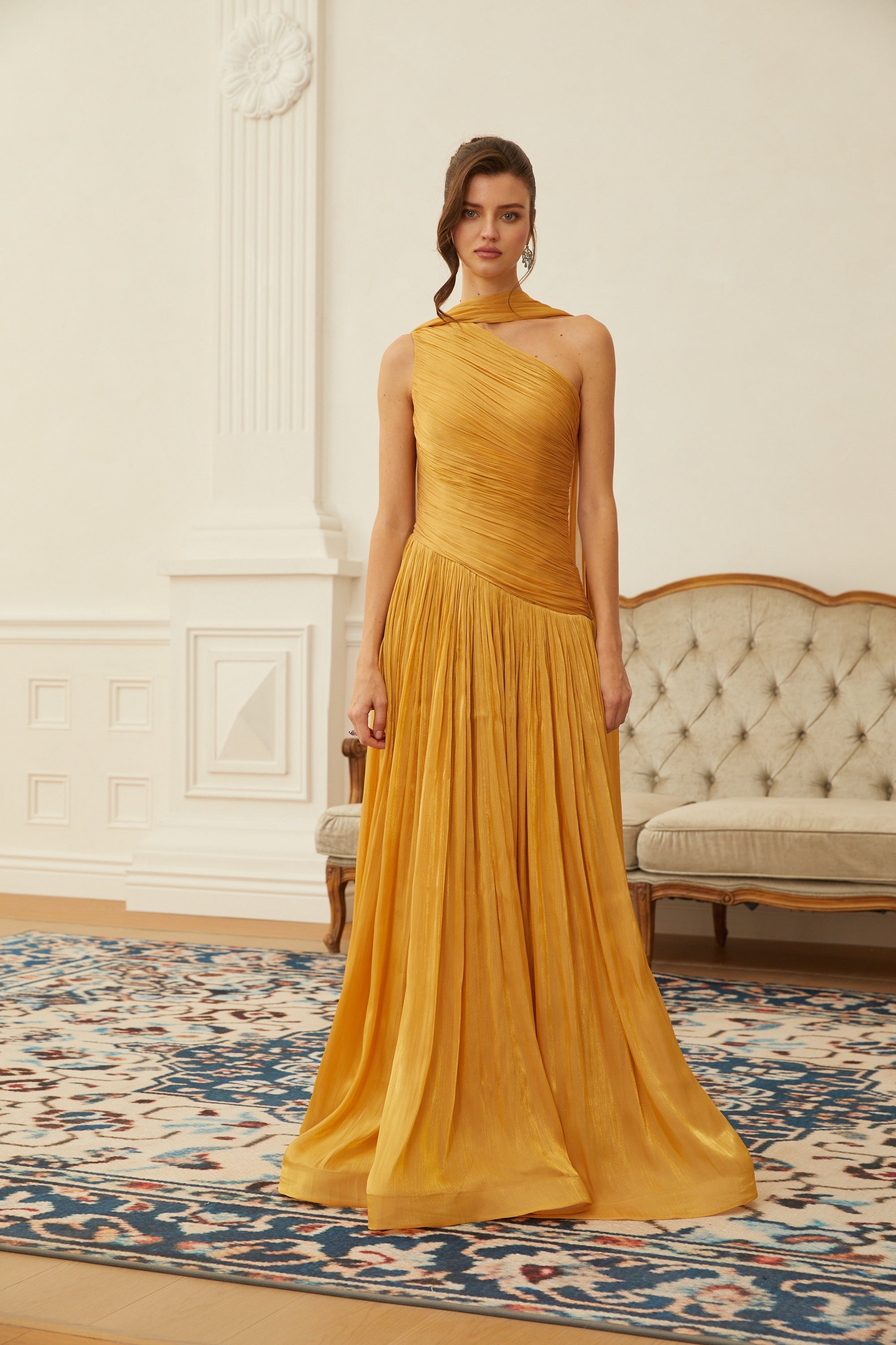 Emerald Gold One Shoulder Ruched Maxi Dress (Final Sale-US Only)