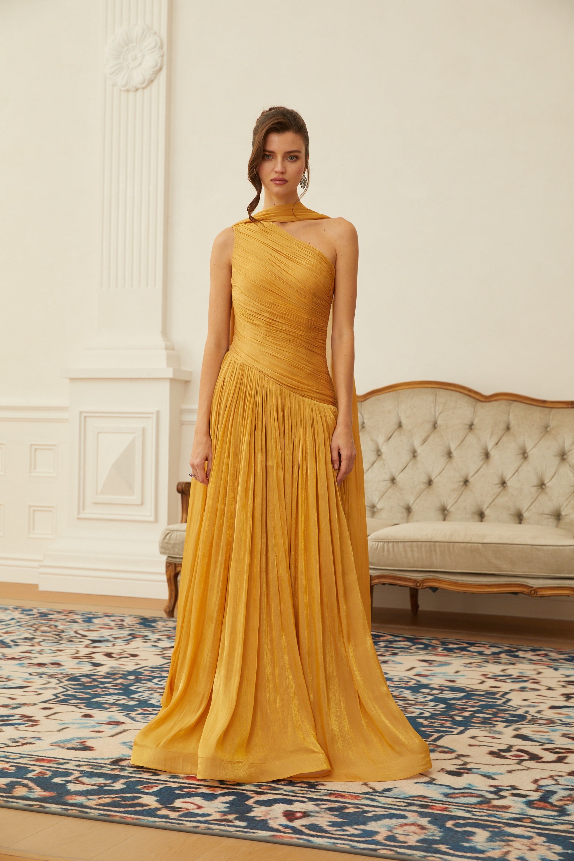 Emerald Gold One Shoulder Ruched Maxi Dress (Final Sale-US Only)
