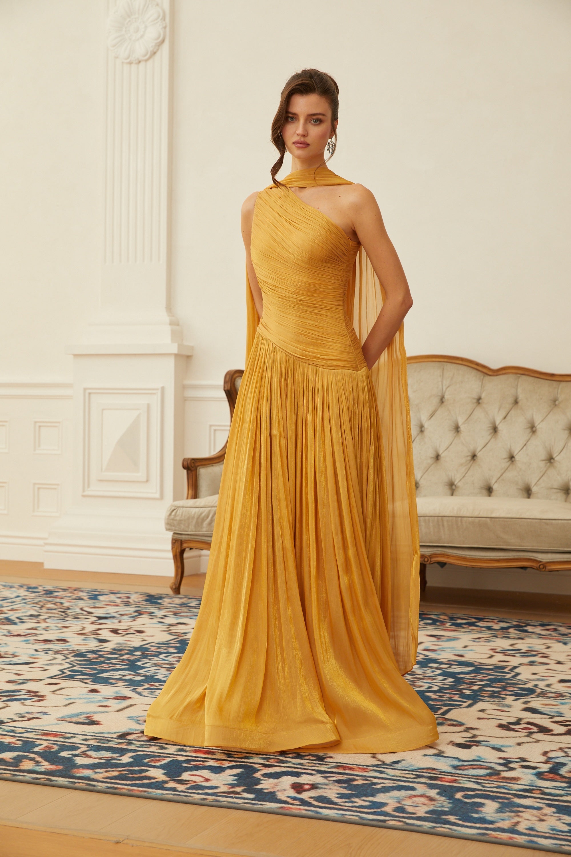 Emerald Gold One Shoulder Ruched Maxi Dress (Final Sale-US Only)