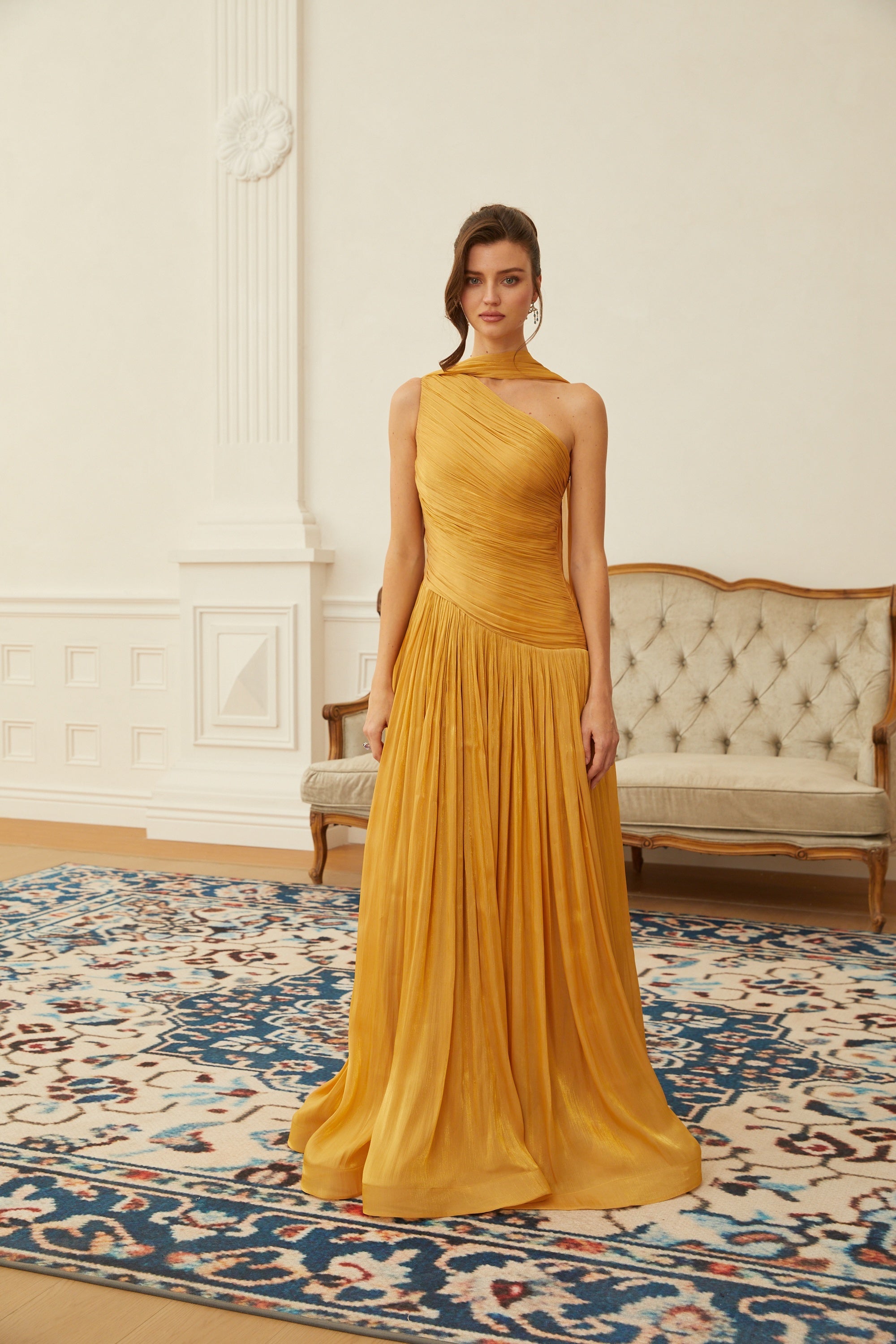 Emerald Gold One Shoulder Ruched Maxi Dress (Final Sale-US Only)