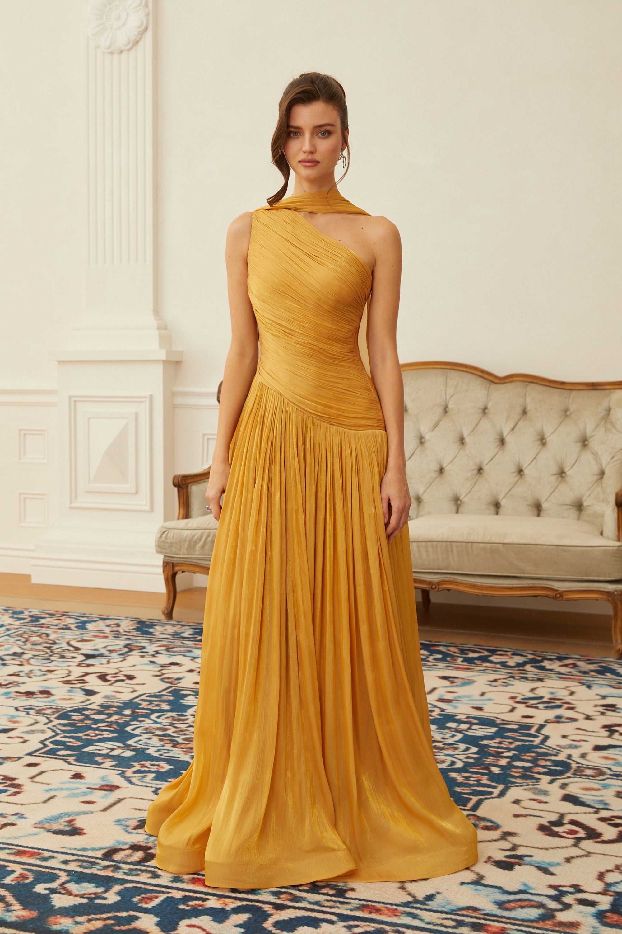 Emerald Gold One Shoulder Ruched Maxi Dress (Final Sale-US Only)