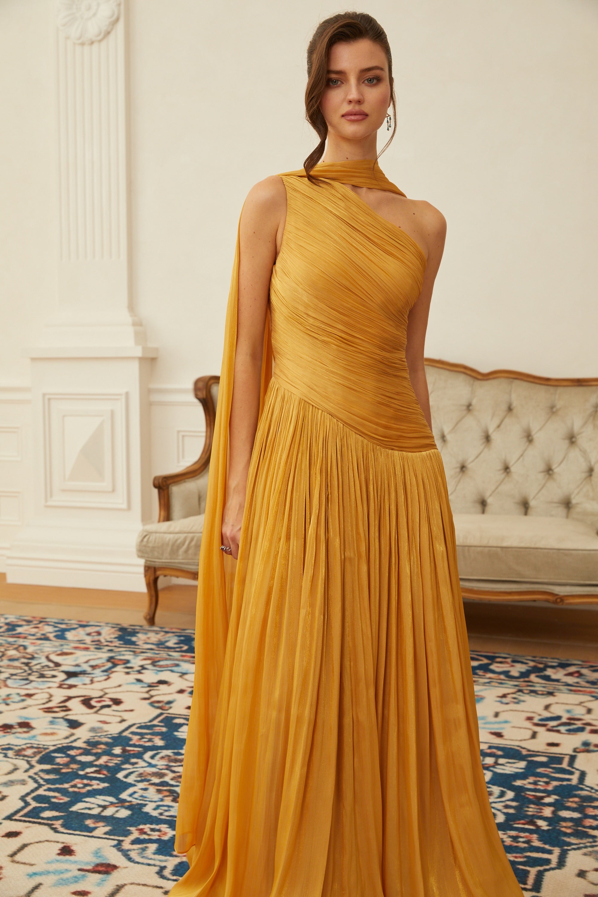 Emerald Gold One Shoulder Ruched Maxi Dress (Final Sale-US Only)