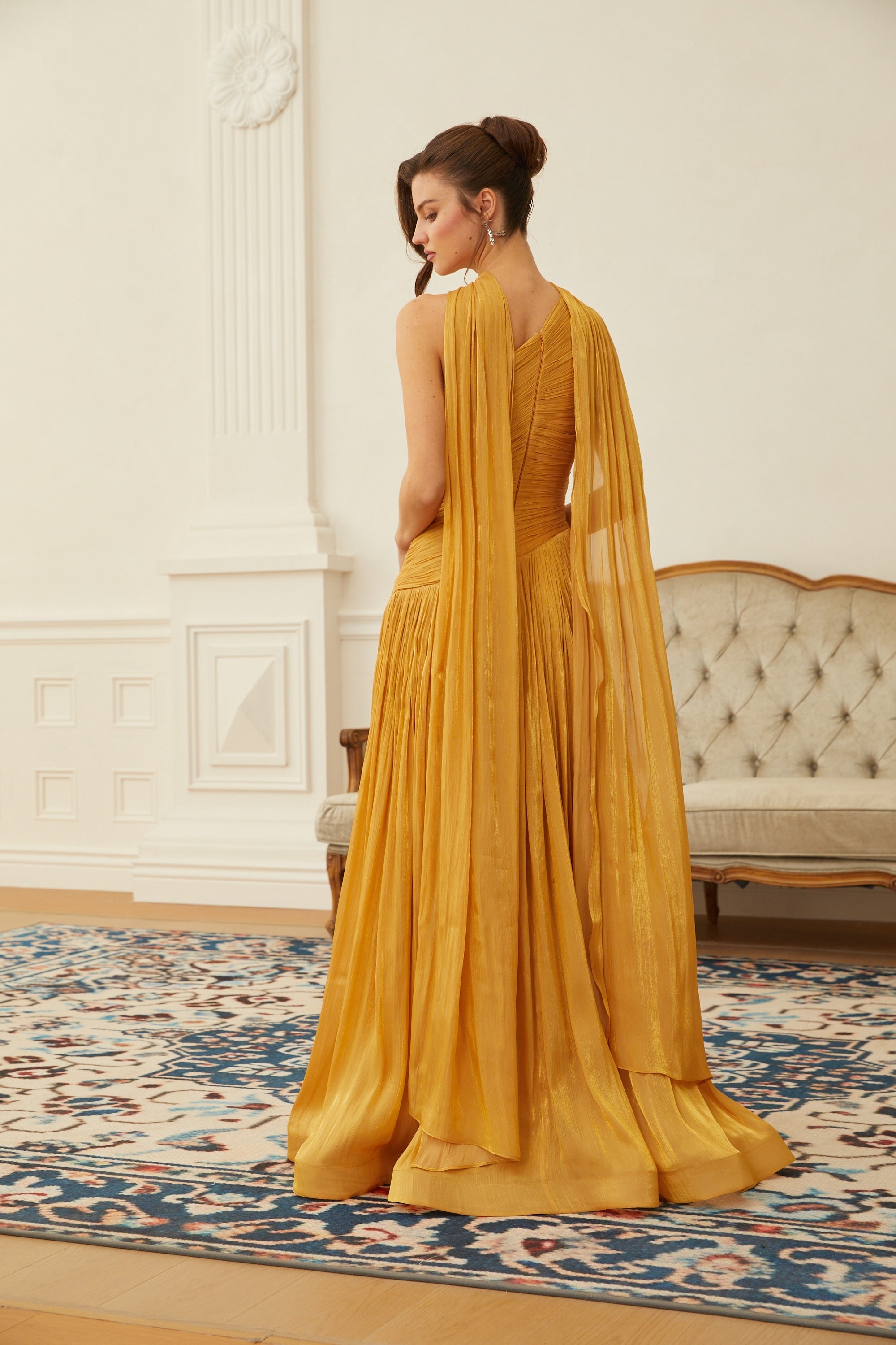 Emerald Gold One Shoulder Ruched Maxi Dress (Final Sale-US Only)