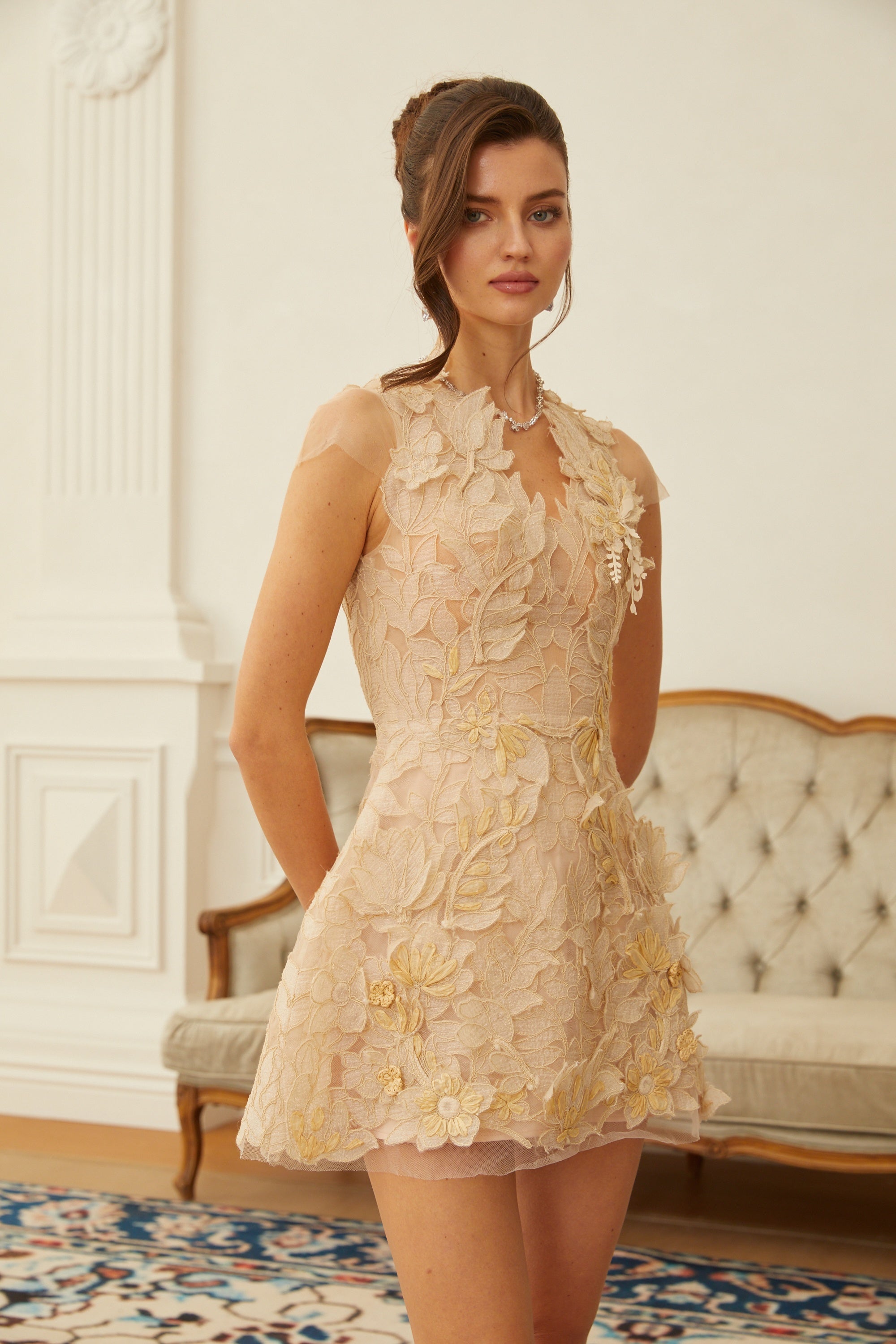 Linnea Neutral Floral Applique V-Neck Mini Dress (Final Sale)