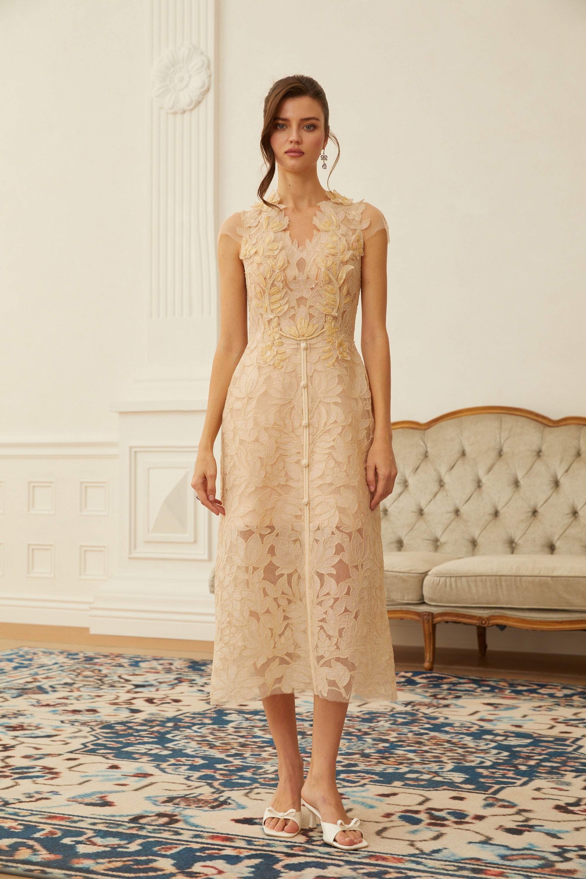 Linnea Nude Floral Applique V-Neck Midi Dress (Final Sale)