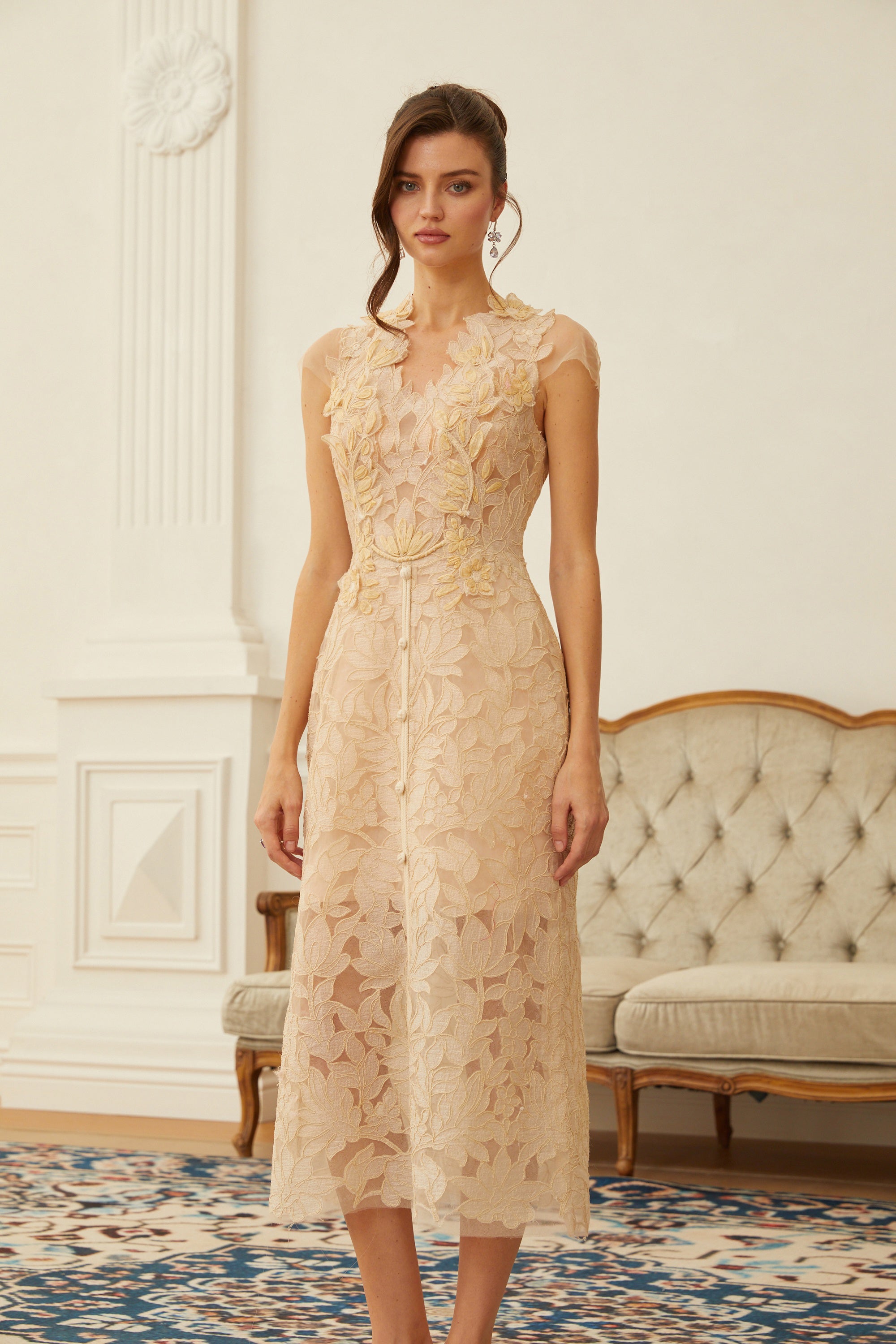 Linnea Nude Floral Applique V-Neck Midi Dress (Final Sale-US Only)
