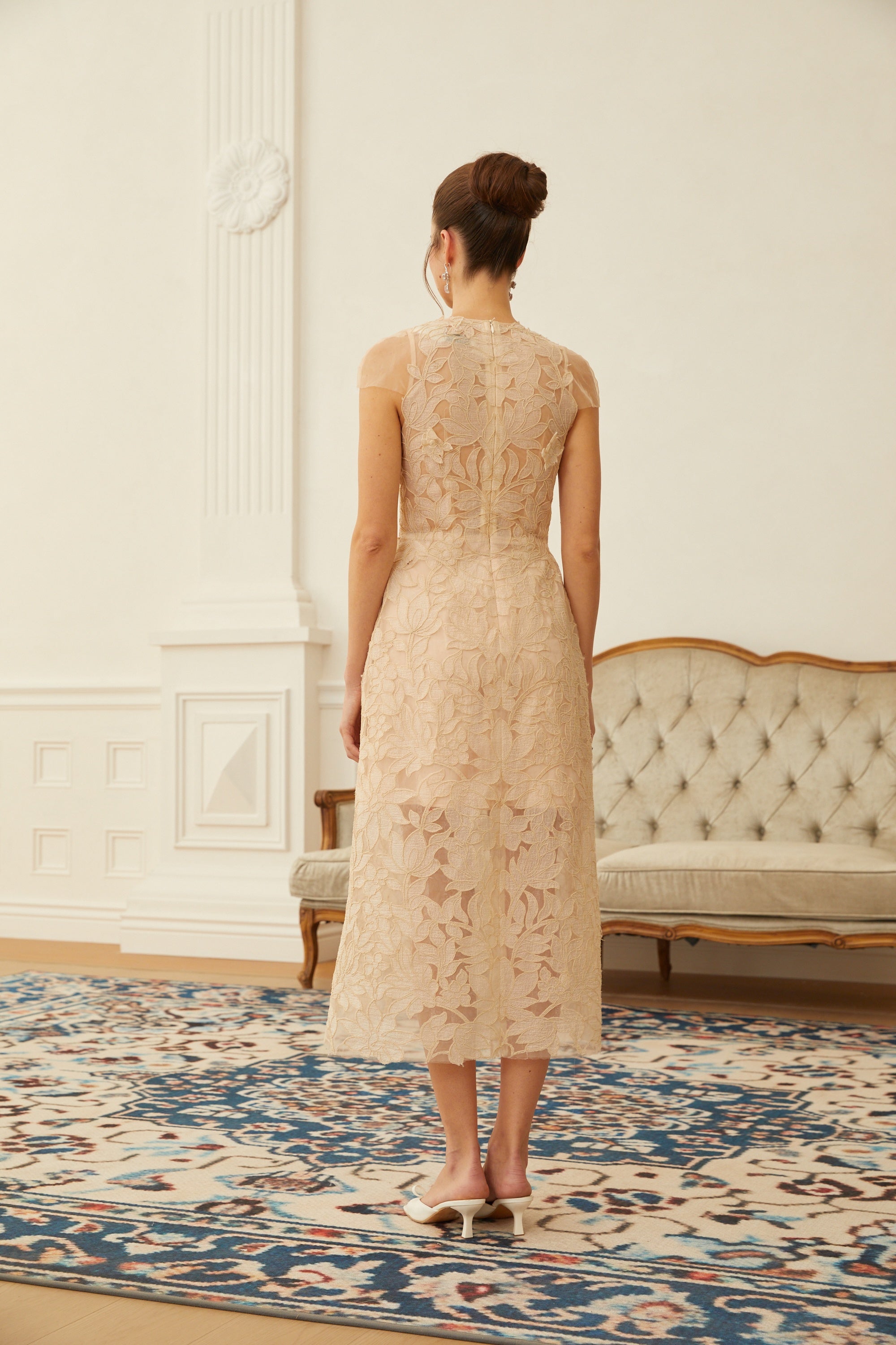 Linnea Nude Floral Applique V-Neck Midi Dress (Final Sale-US Only)