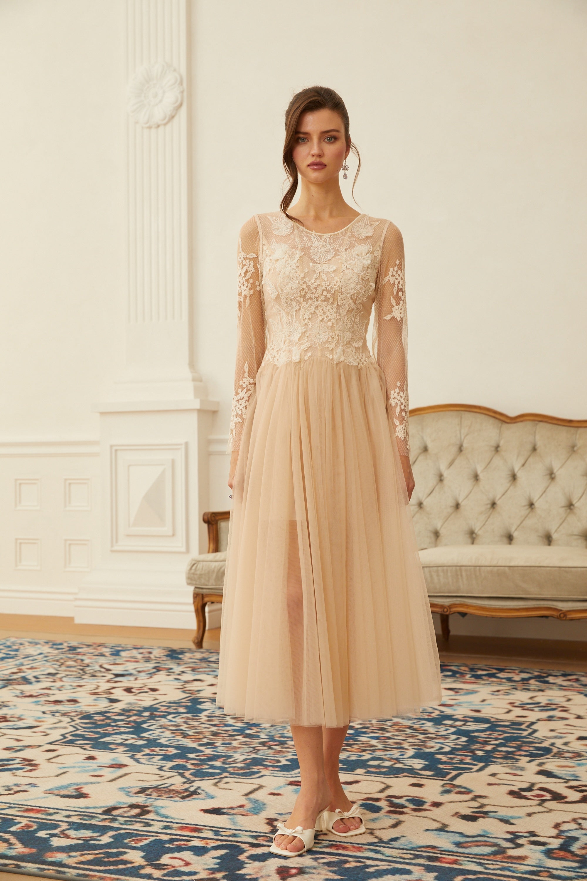 Aviana Neutral Lace Panel Tulle Midi Dress (Final Sale-US Only)