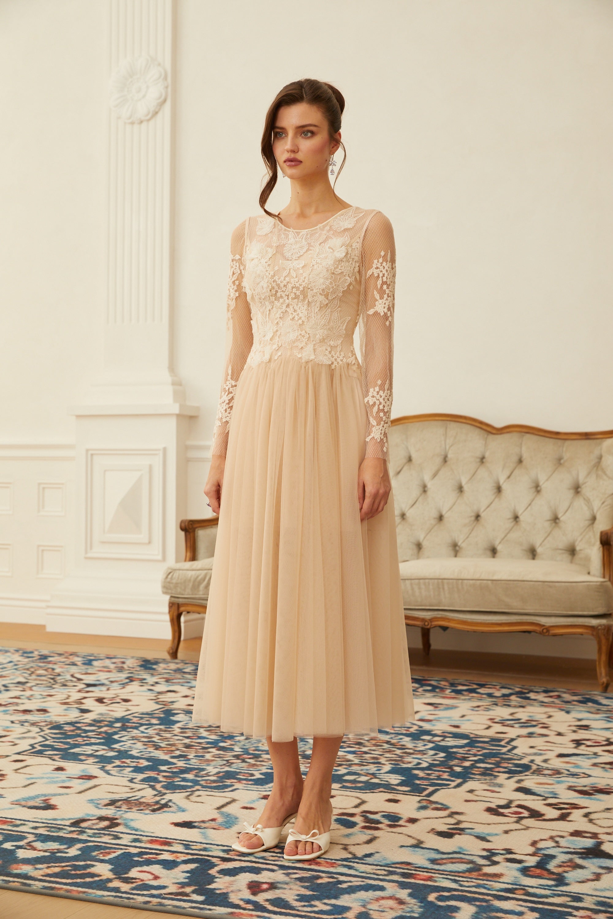 Aviana Neutral Lace Panel Tulle Midi Dress (Final Sale-US Only)