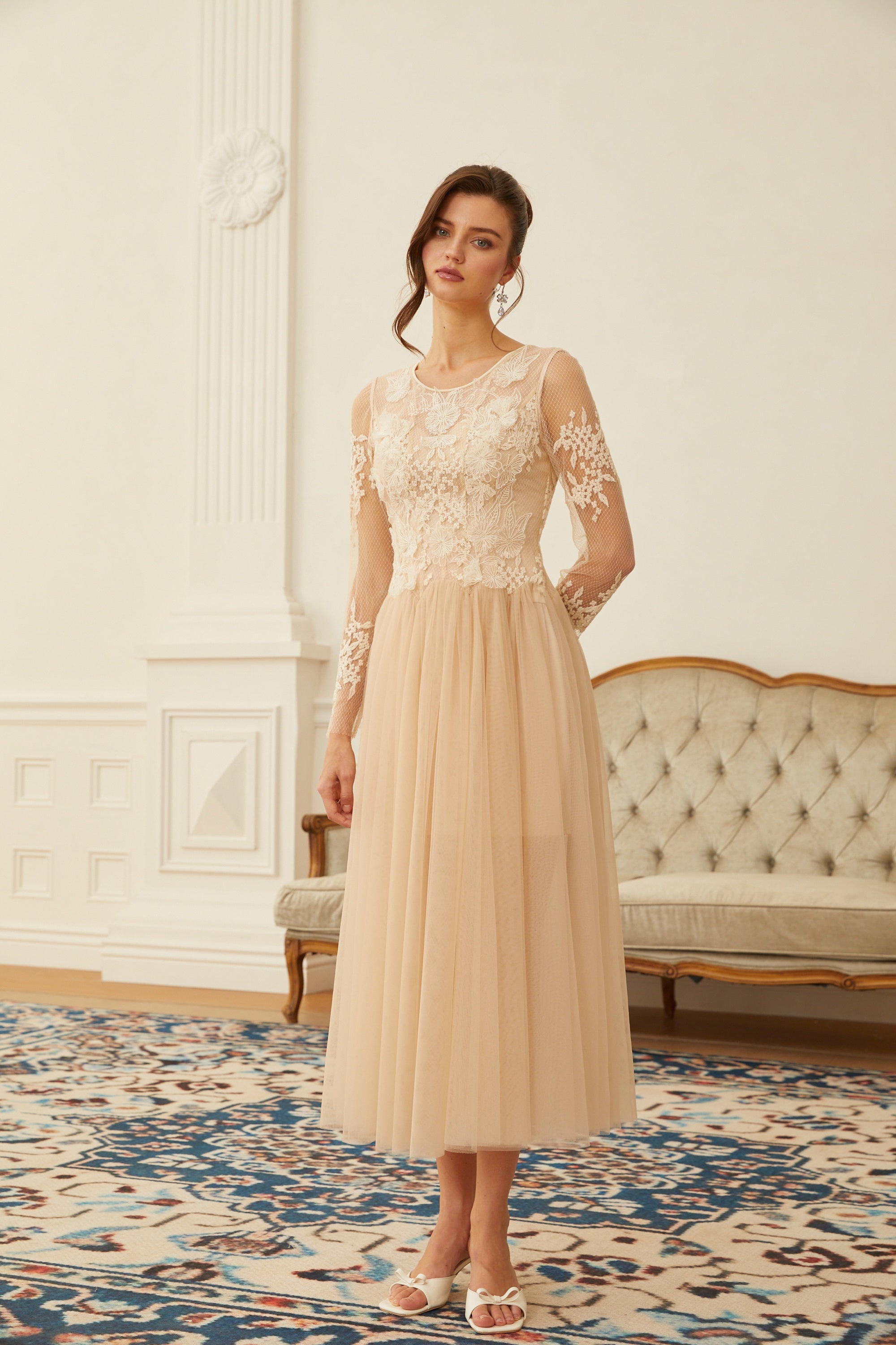 Aviana Neutral Lace Panel Tulle Midi Dress (Final Sale-US Only)