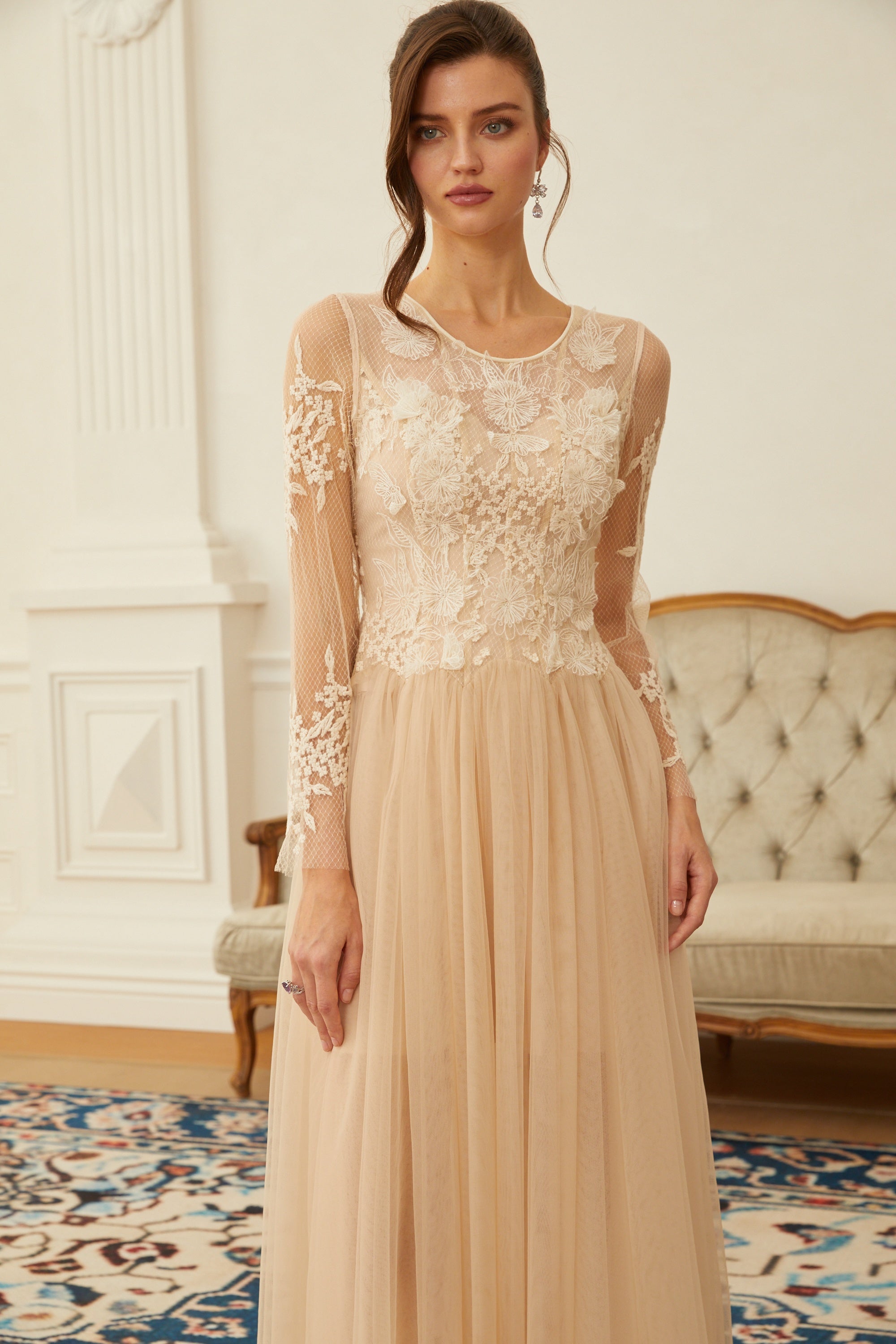 Aviana Neutral Lace Panel Tulle Midi Dress (Final Sale-US Only)