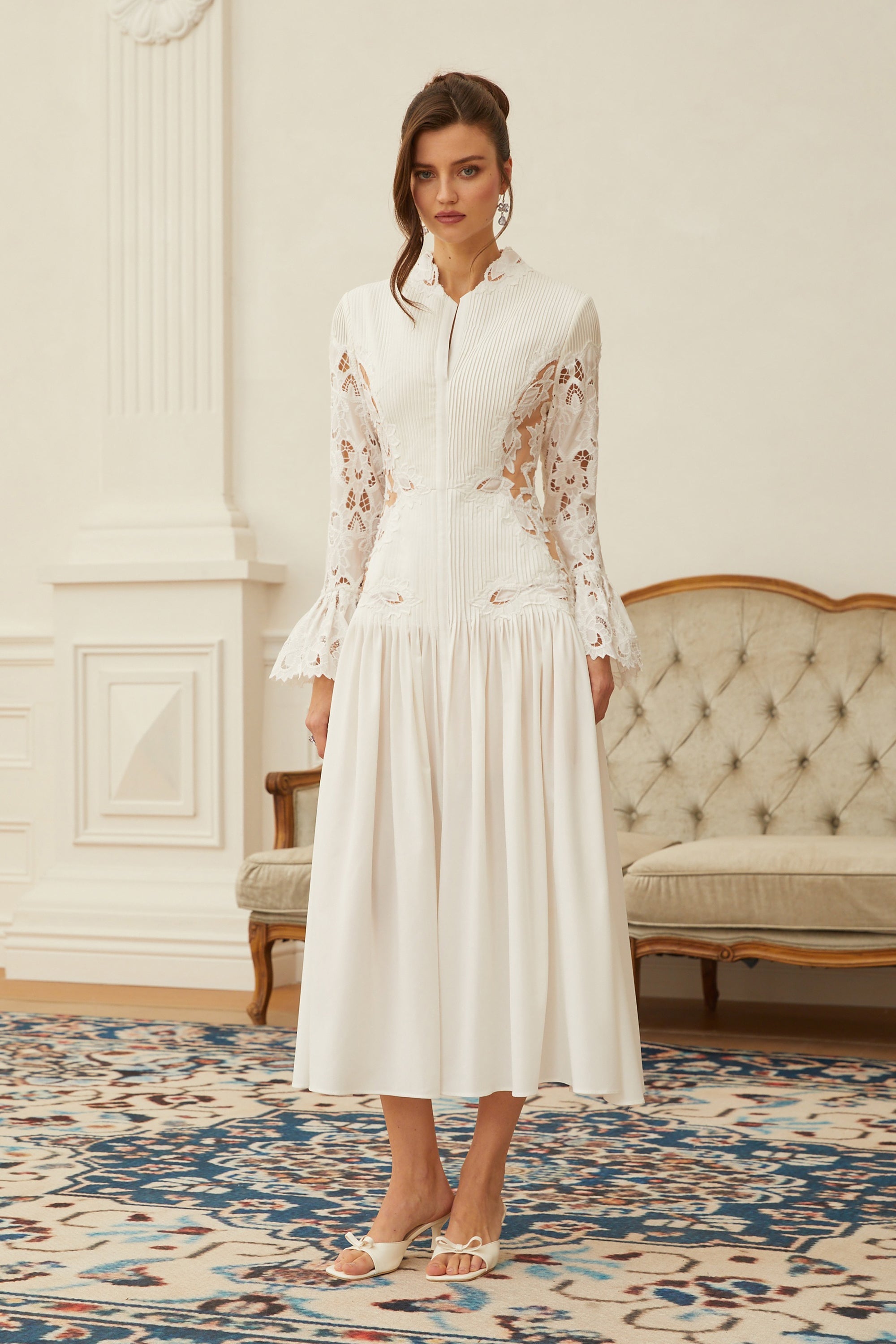 Chiara White Lace Panel Pleated Midi Dress (Final Sale-US Only)