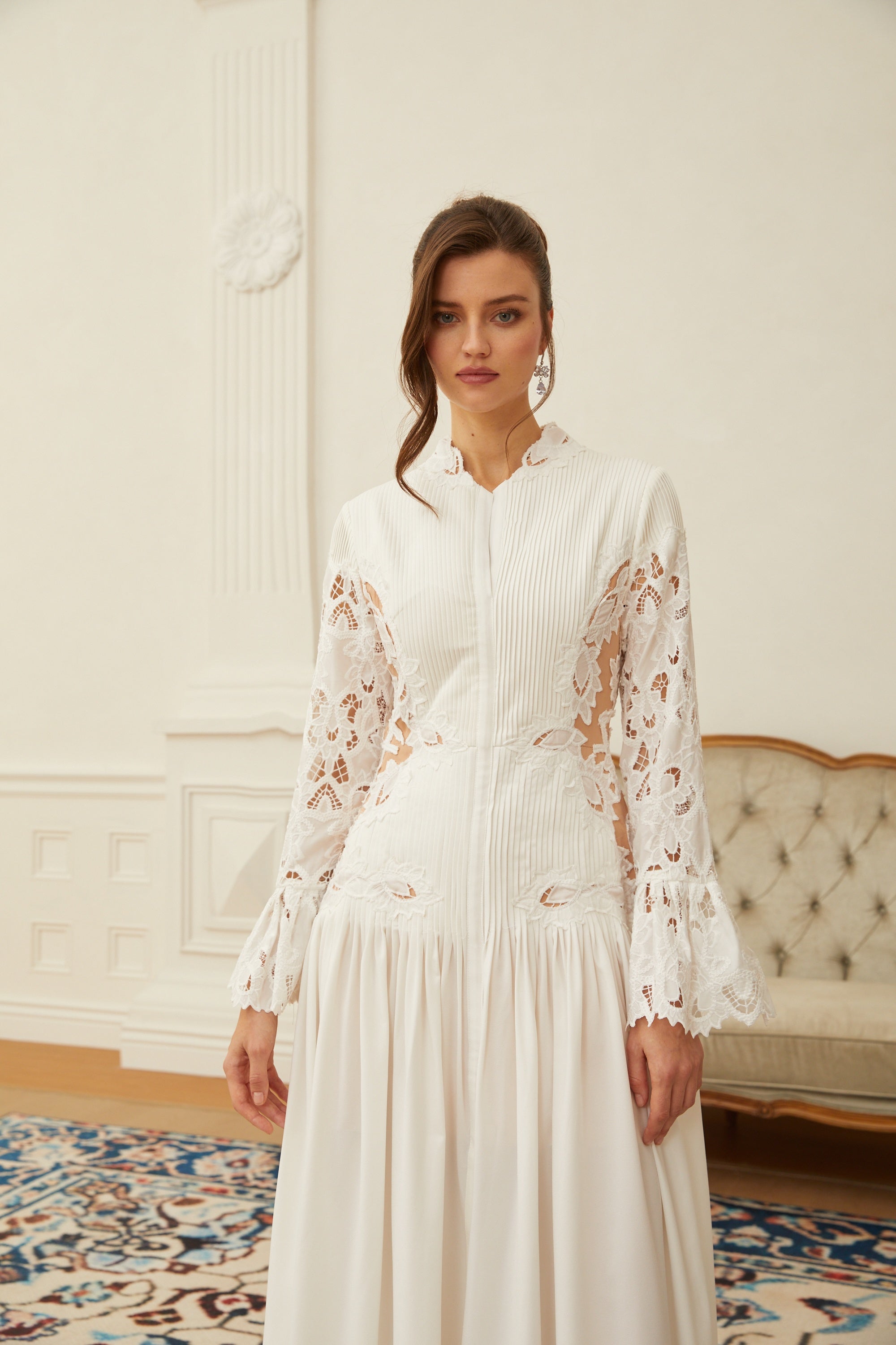 Chiara White Lace Panel Pleated Midi Dress (Final Sale-US Only)