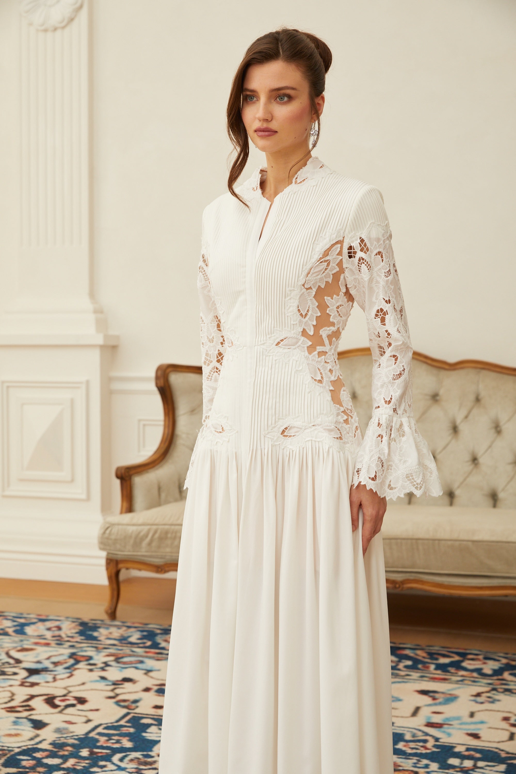 Chiara White Lace Panel Pleated Midi Dress (Final Sale-US Only)