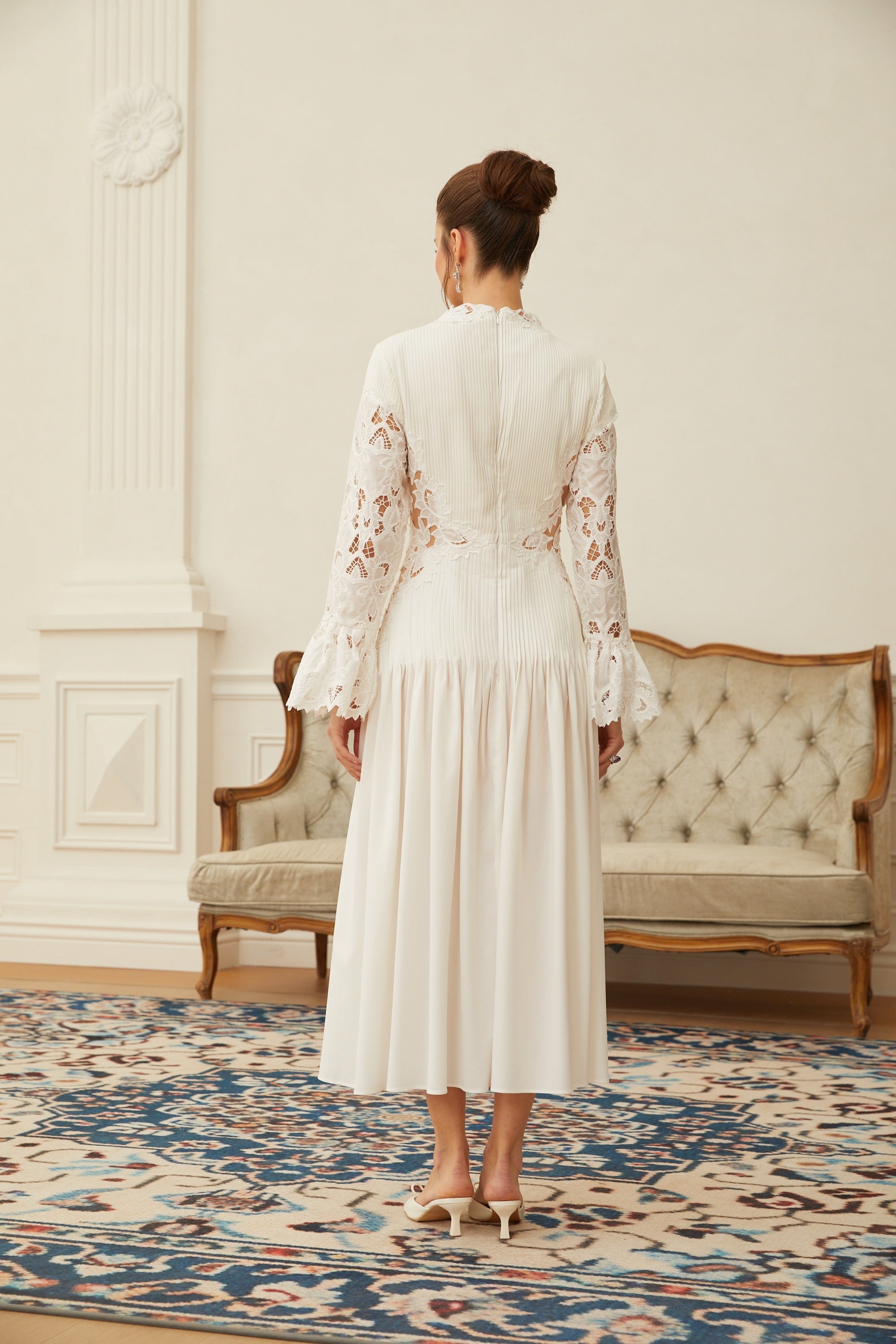 Chiara White Lace Panel Pleated Midi Dress (Final Sale-US Only)