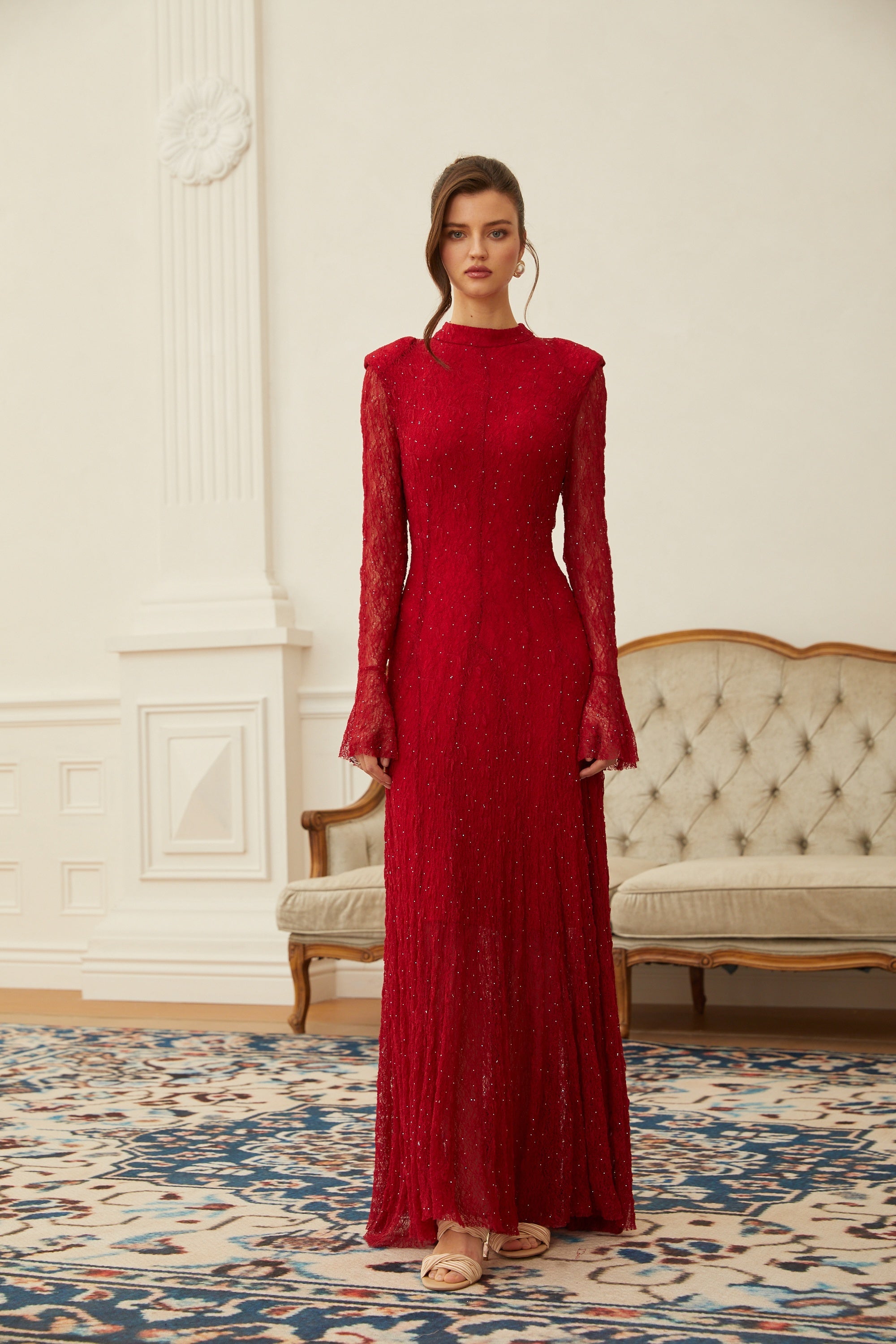 Justyna Red Rhinestone Guipure Lace Maxi Dress (Final Sale-US Only)