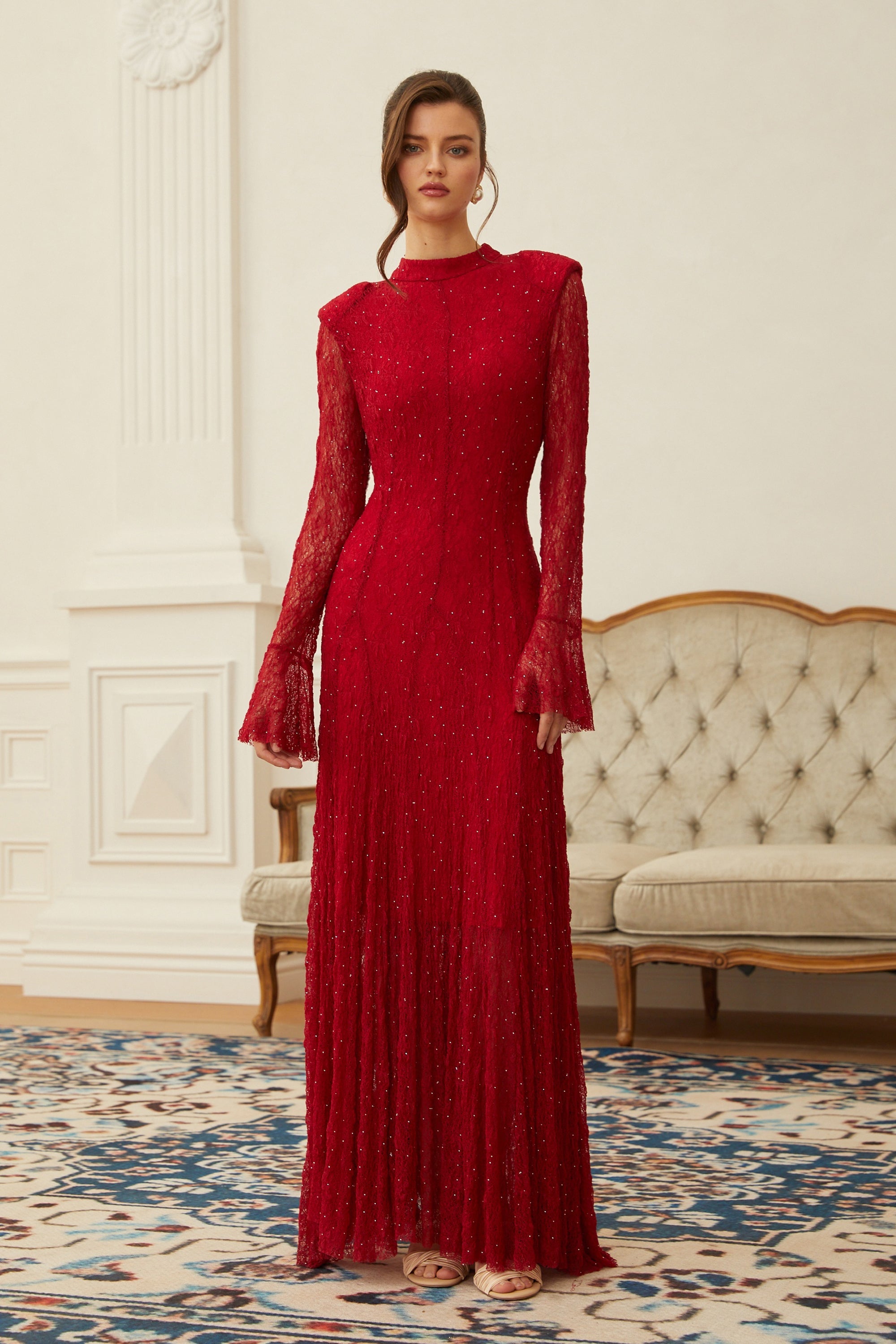 Justyna Red Rhinestone Guipure Lace Maxi Dress (Final Sale-US Only)