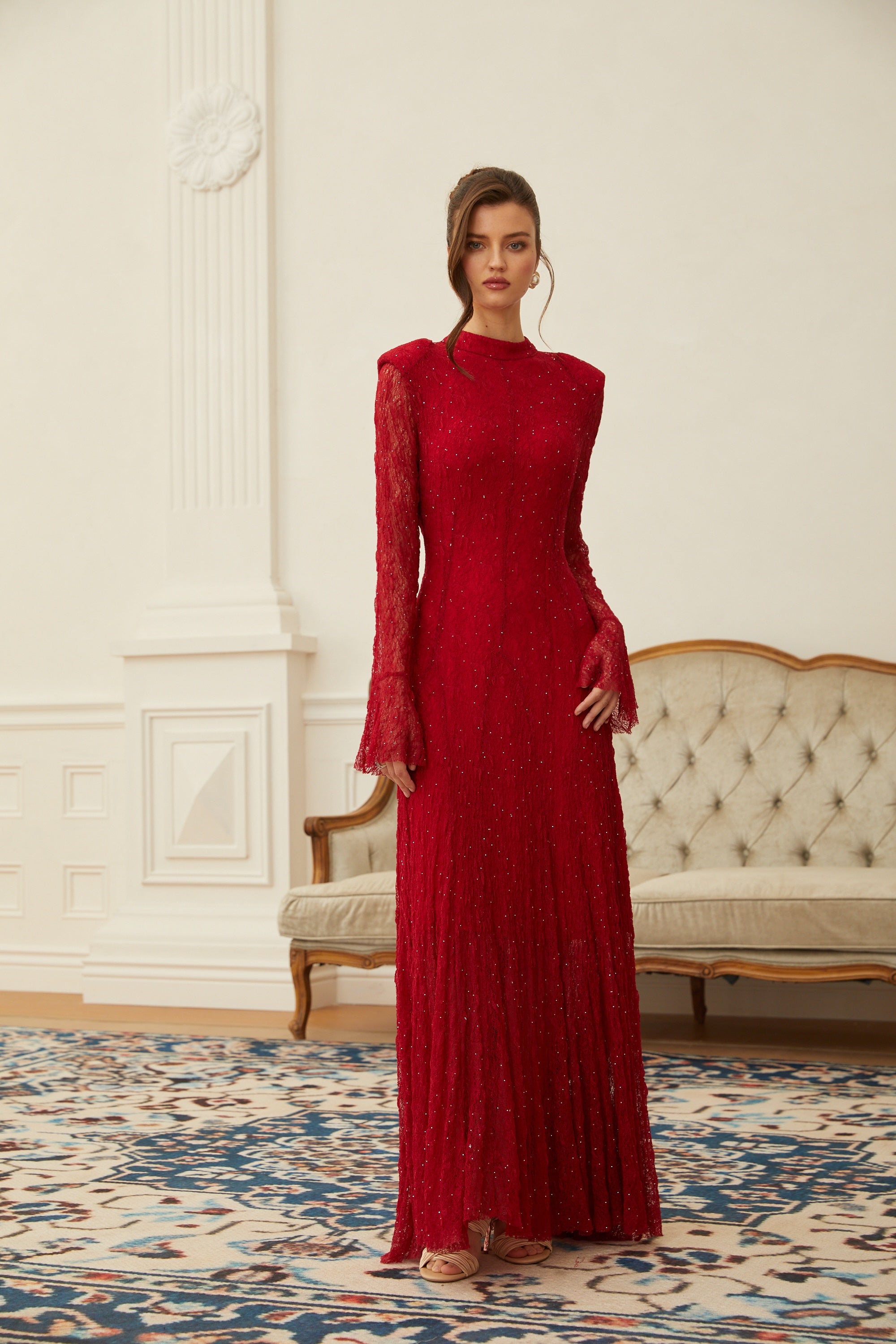 Justyna Red Rhinestone Guipure Lace Maxi Dress (Final Sale-US Only)