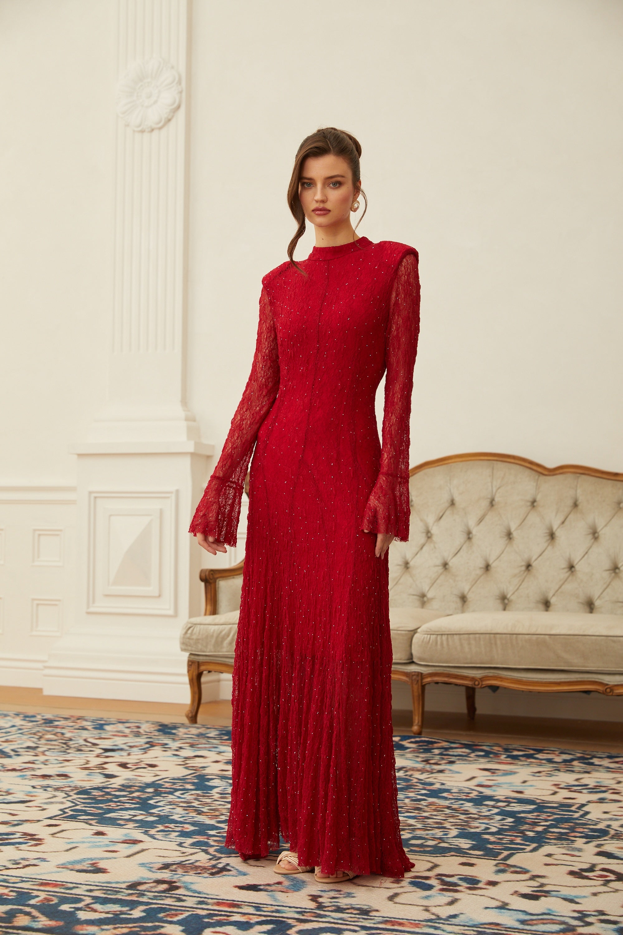 Justyna Red Rhinestone Guipure Lace Maxi Dress (Final Sale-US Only)