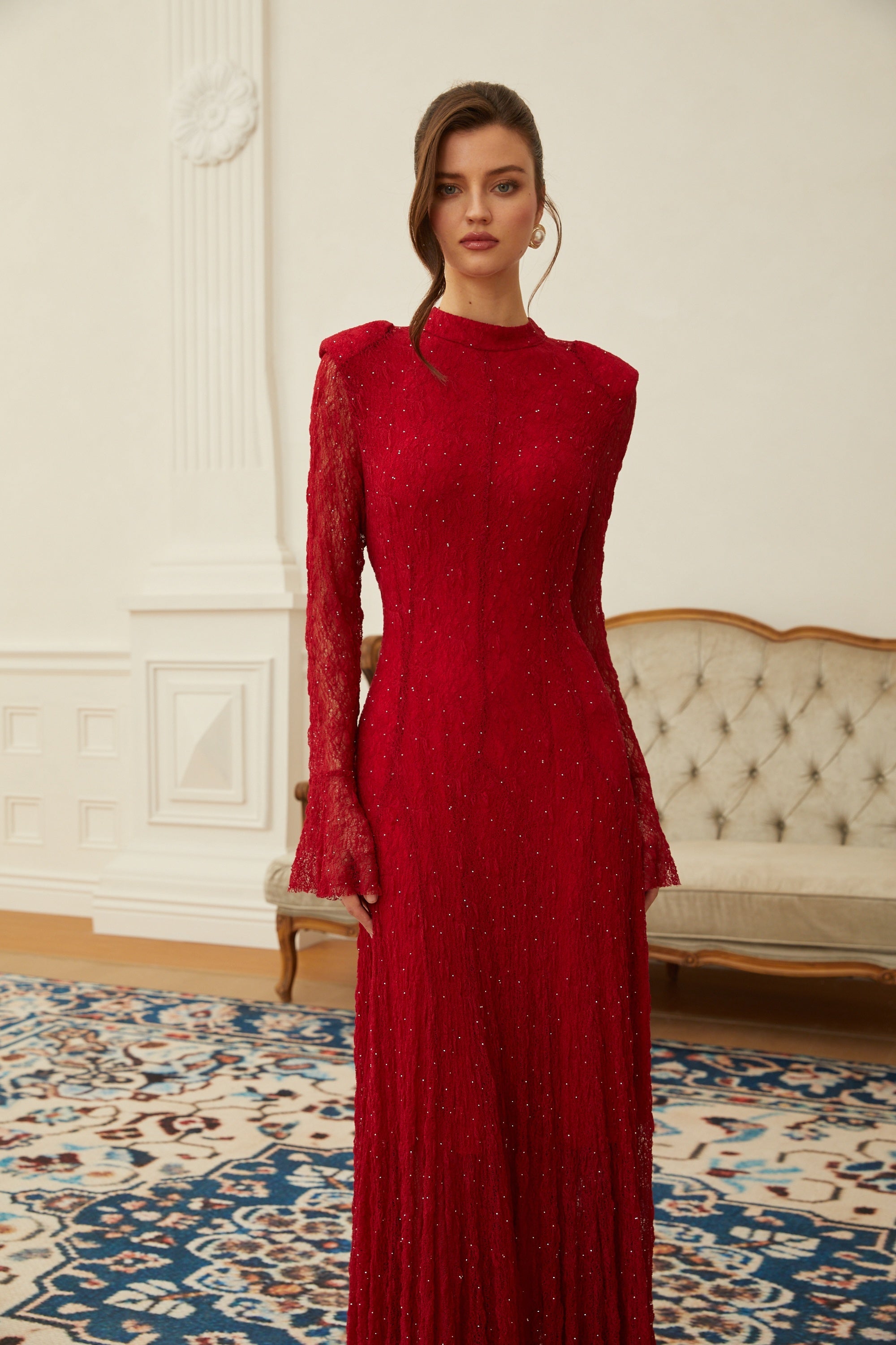 Justyna Red Rhinestone Guipure Lace Maxi Dress (Final Sale-US Only)