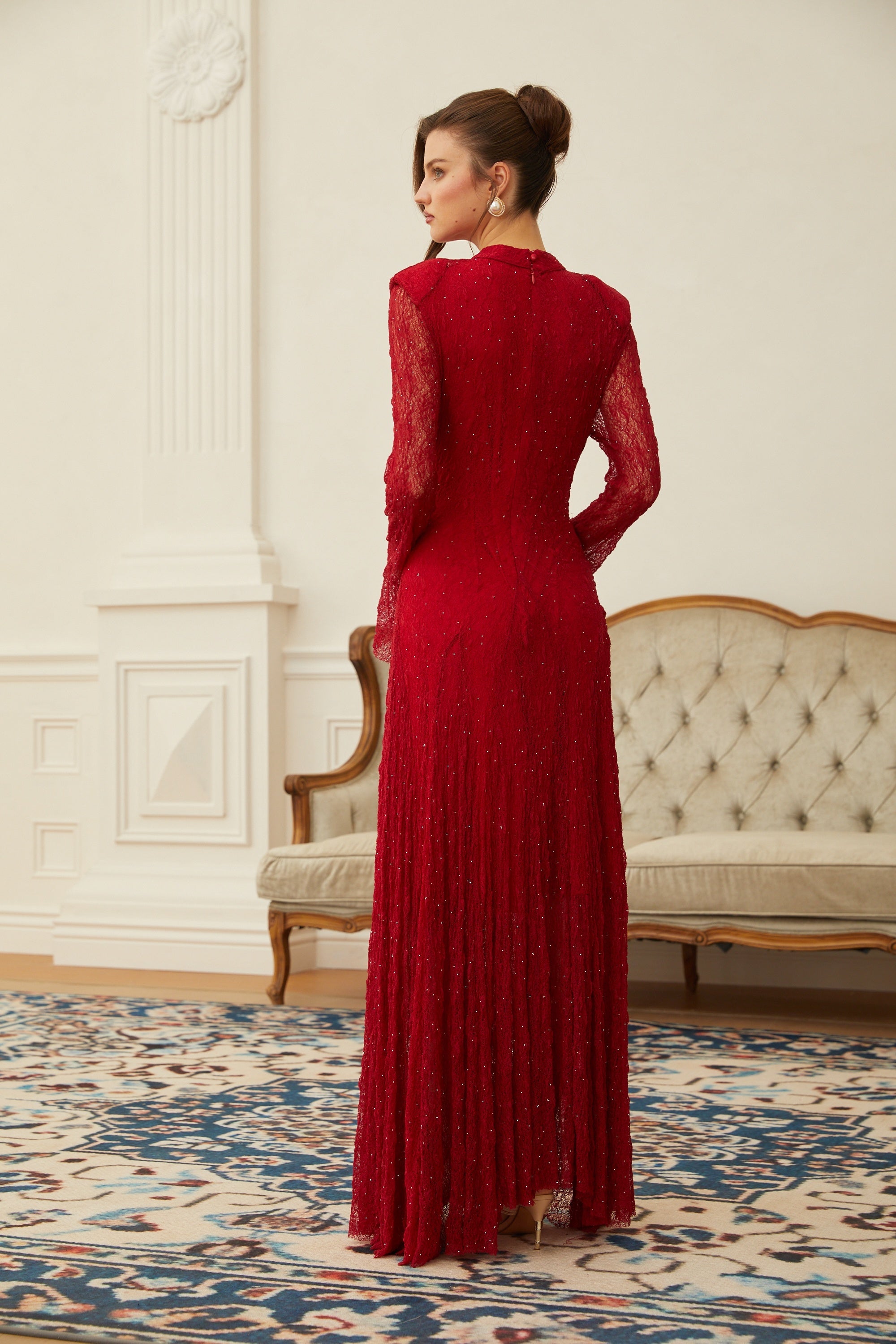 Justyna Red Rhinestone Guipure Lace Maxi Dress (Final Sale-US Only)