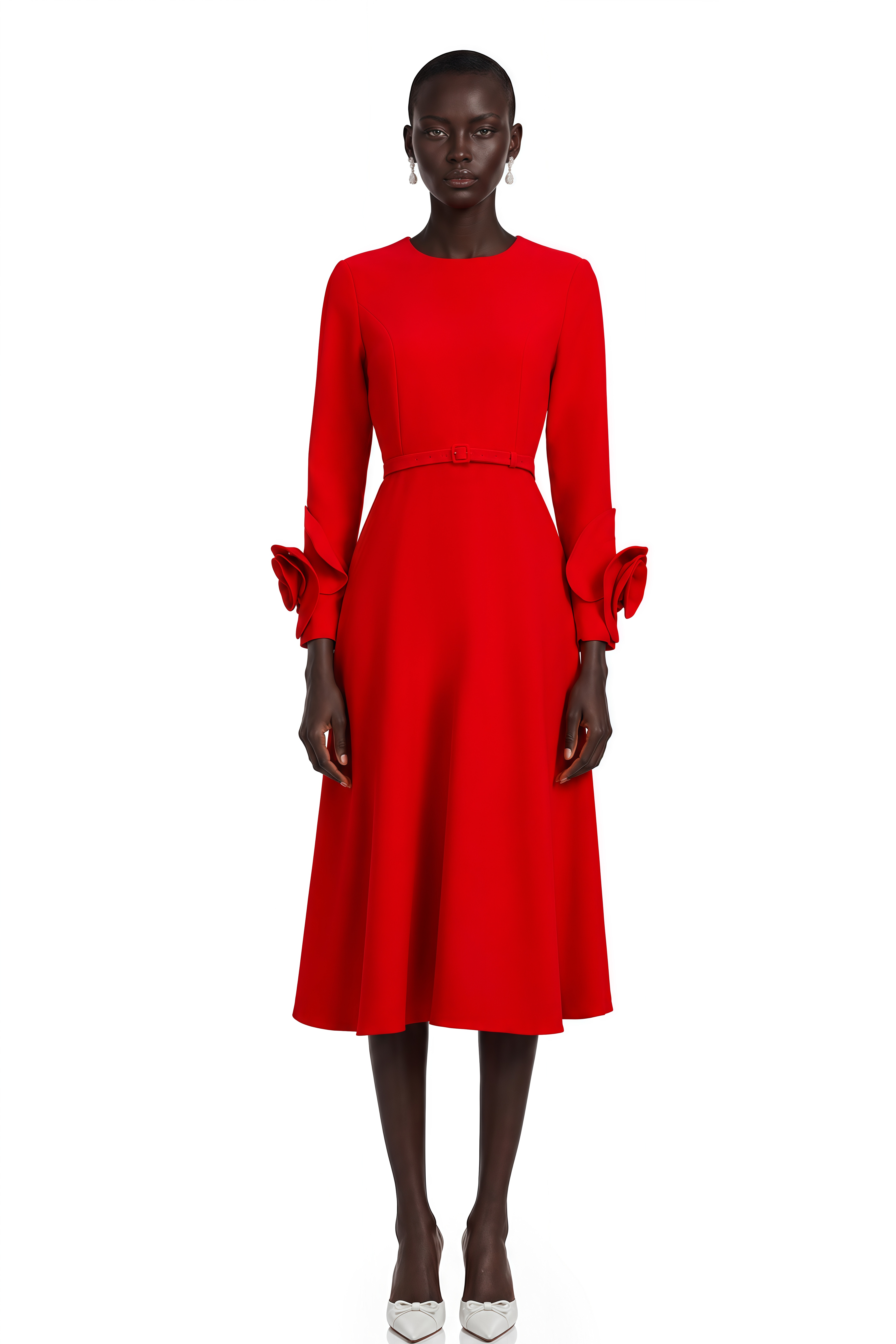 Aurelia Red Long-Sleeve Dress with Floral Embellishments