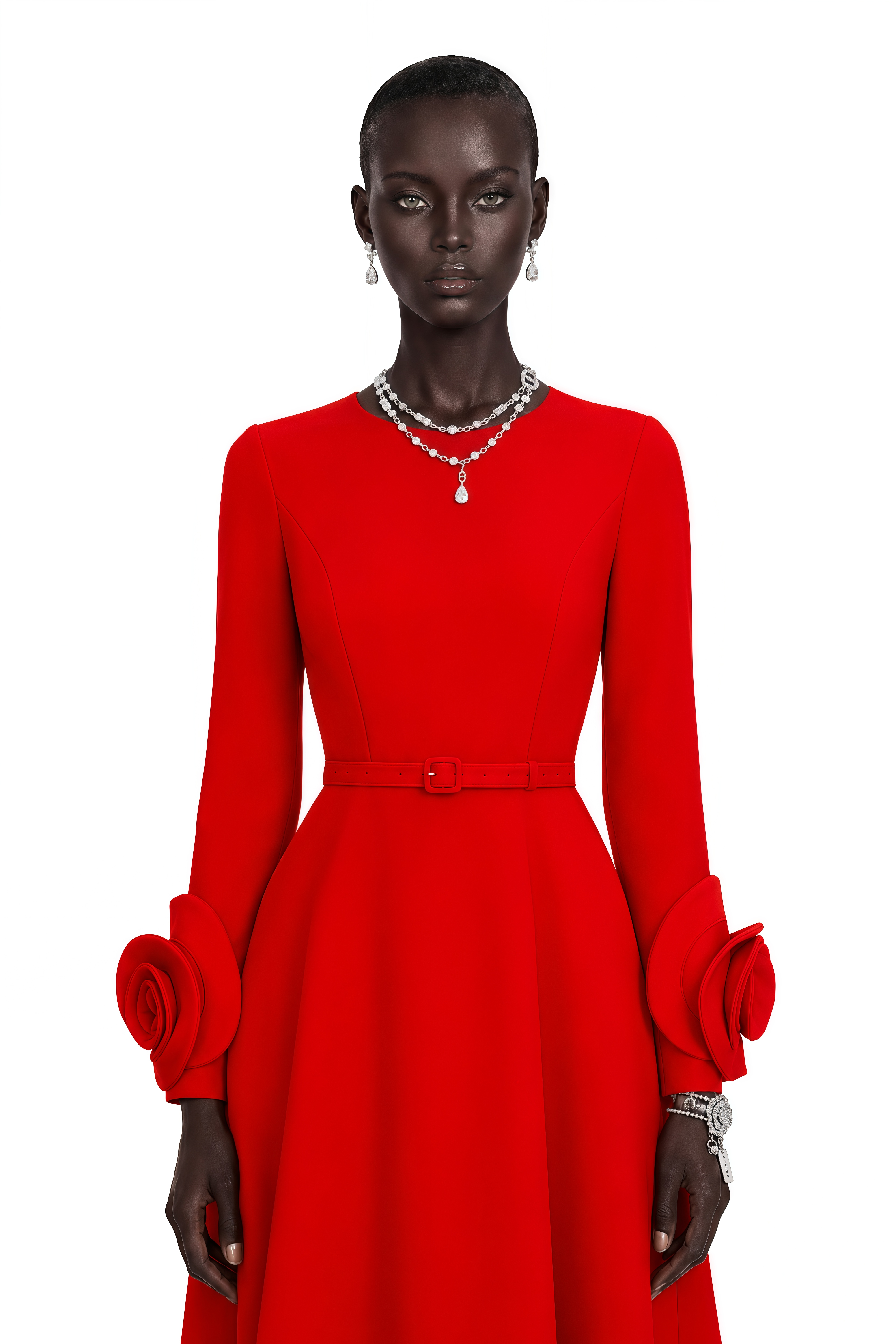 Aurelia Red Long-Sleeve Dress with Floral Embellishments