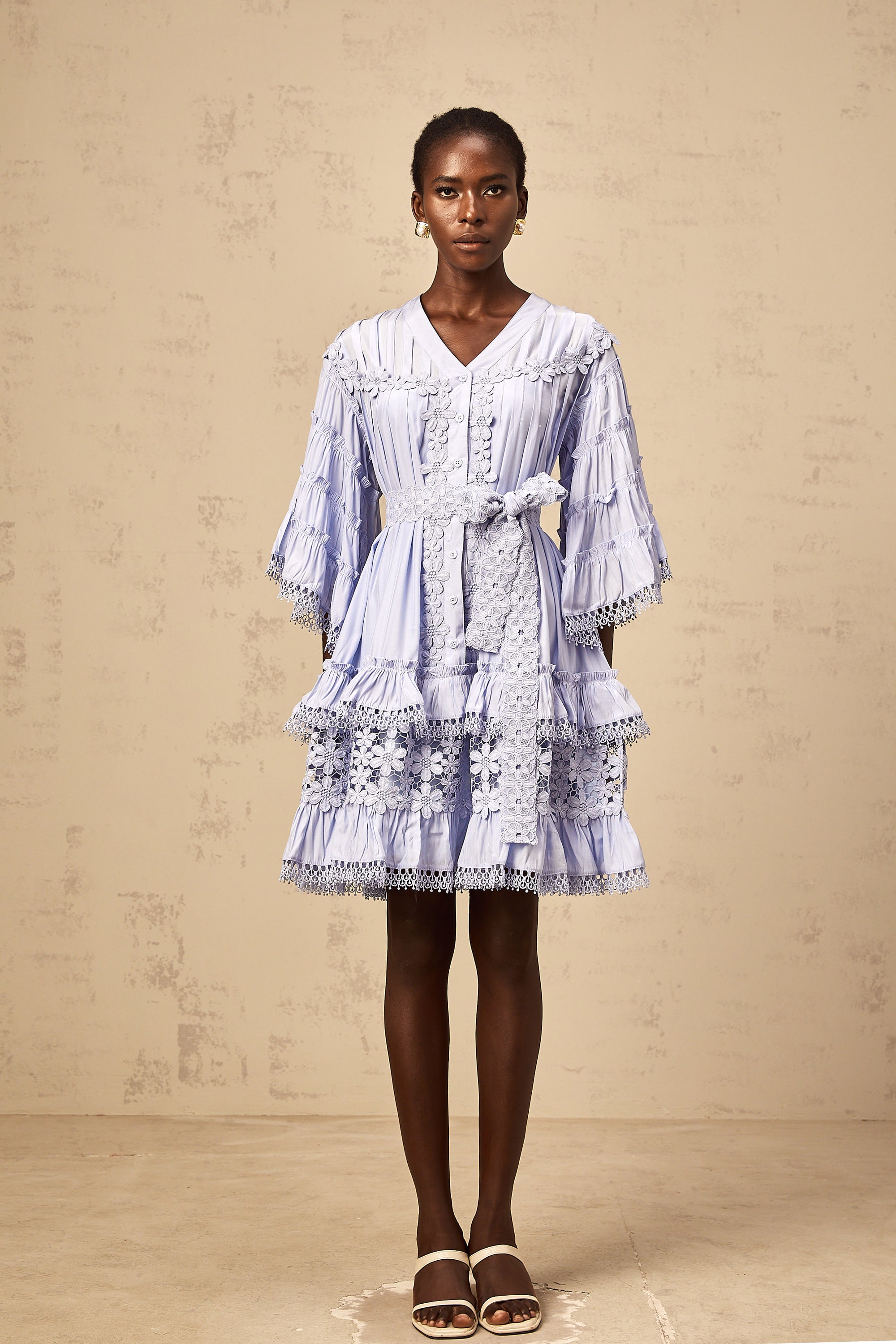 Gaëlle light-blue floral-embroidered tiered mini dress (Final Sale-US Only)