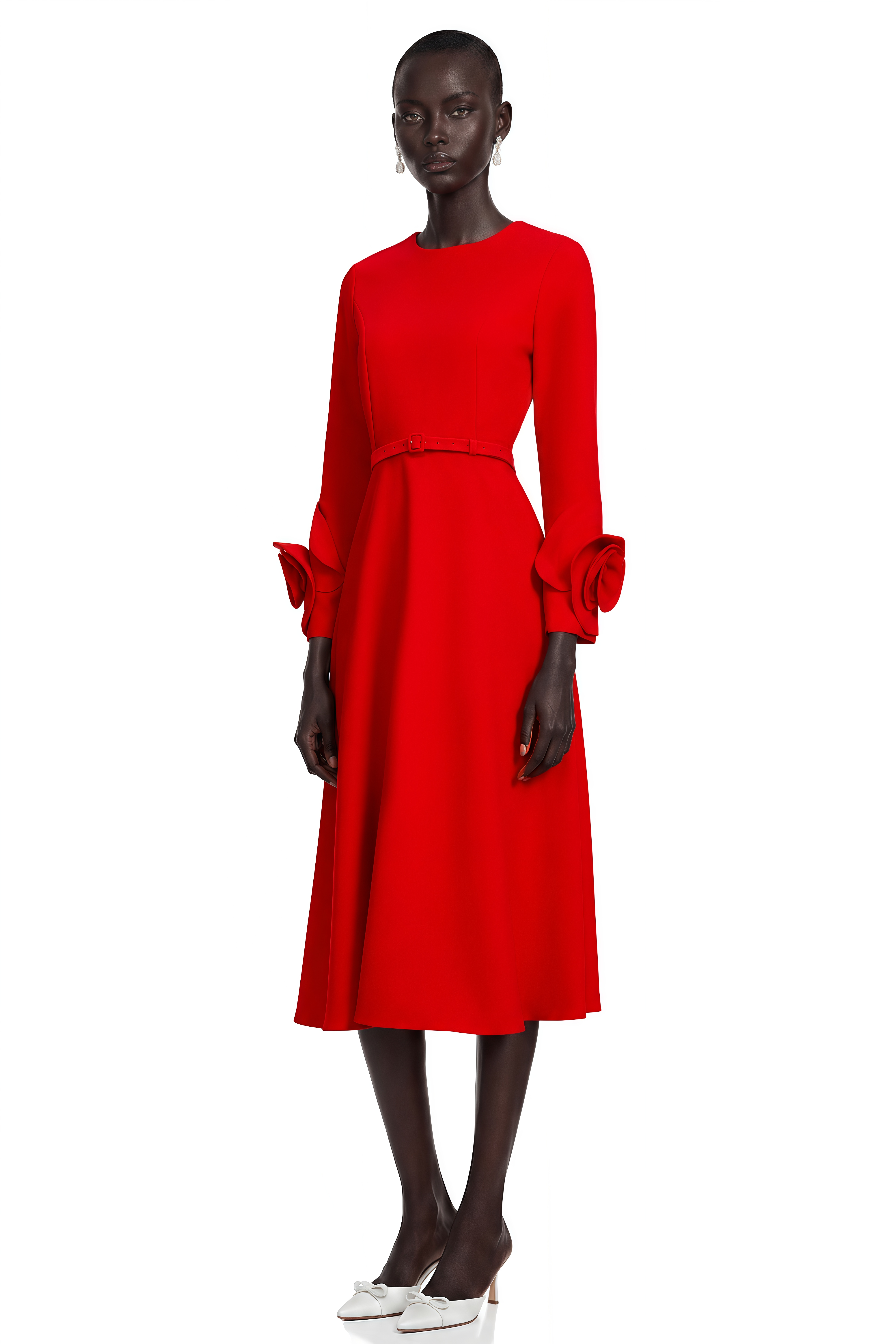 Aurelia Red Long-Sleeve Dress with Floral Embellishments