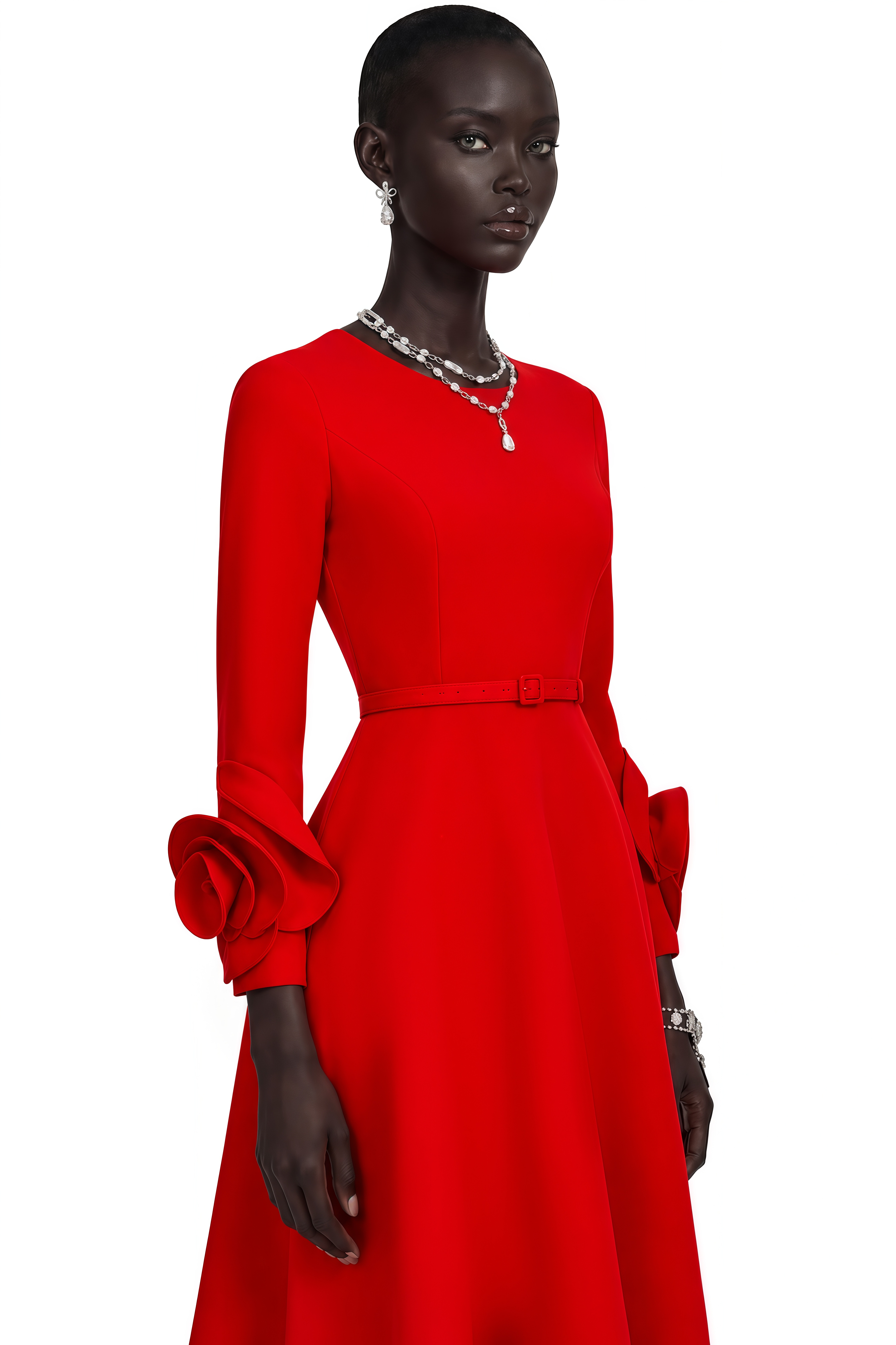 Aurelia Red Long-Sleeve Dress with Floral Embellishments