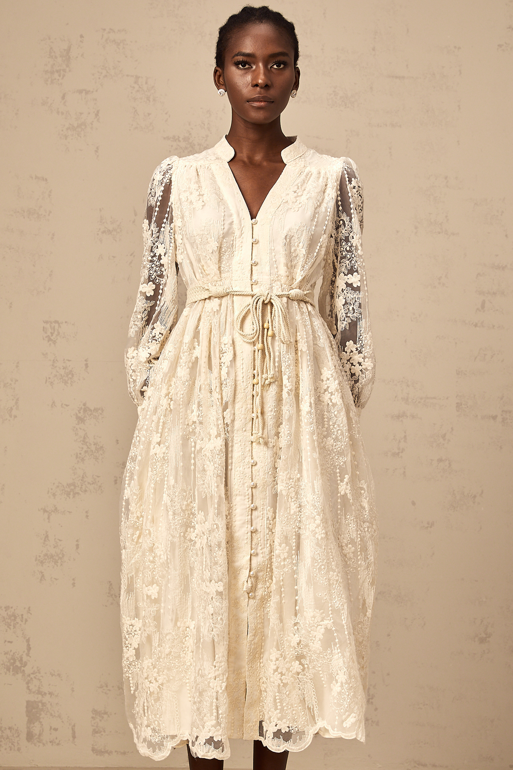 Roxane neutrals lace-embroidered midi dress (Final Sale-US Only)