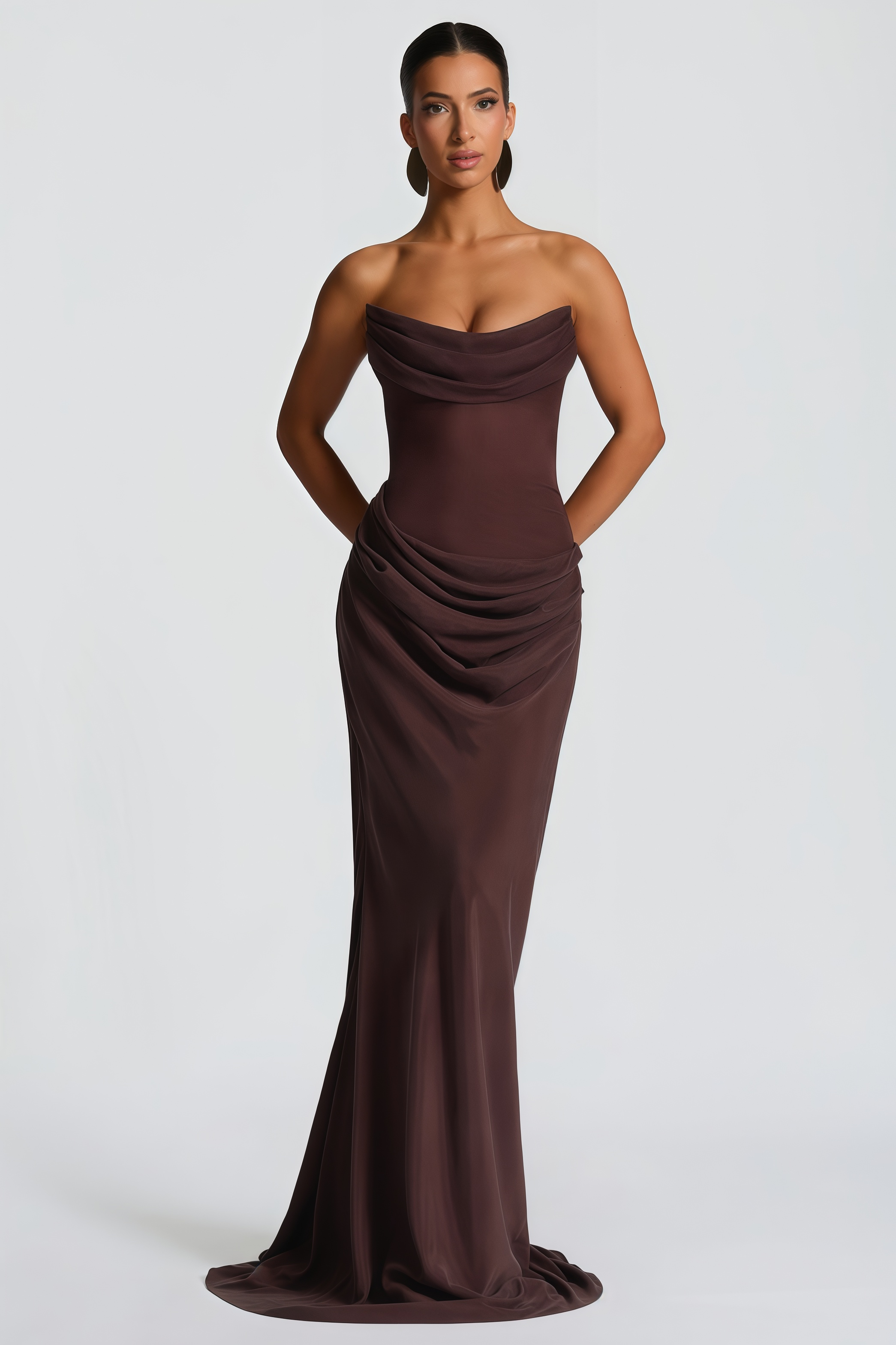 Brown Ruched Corset Maxi Dress