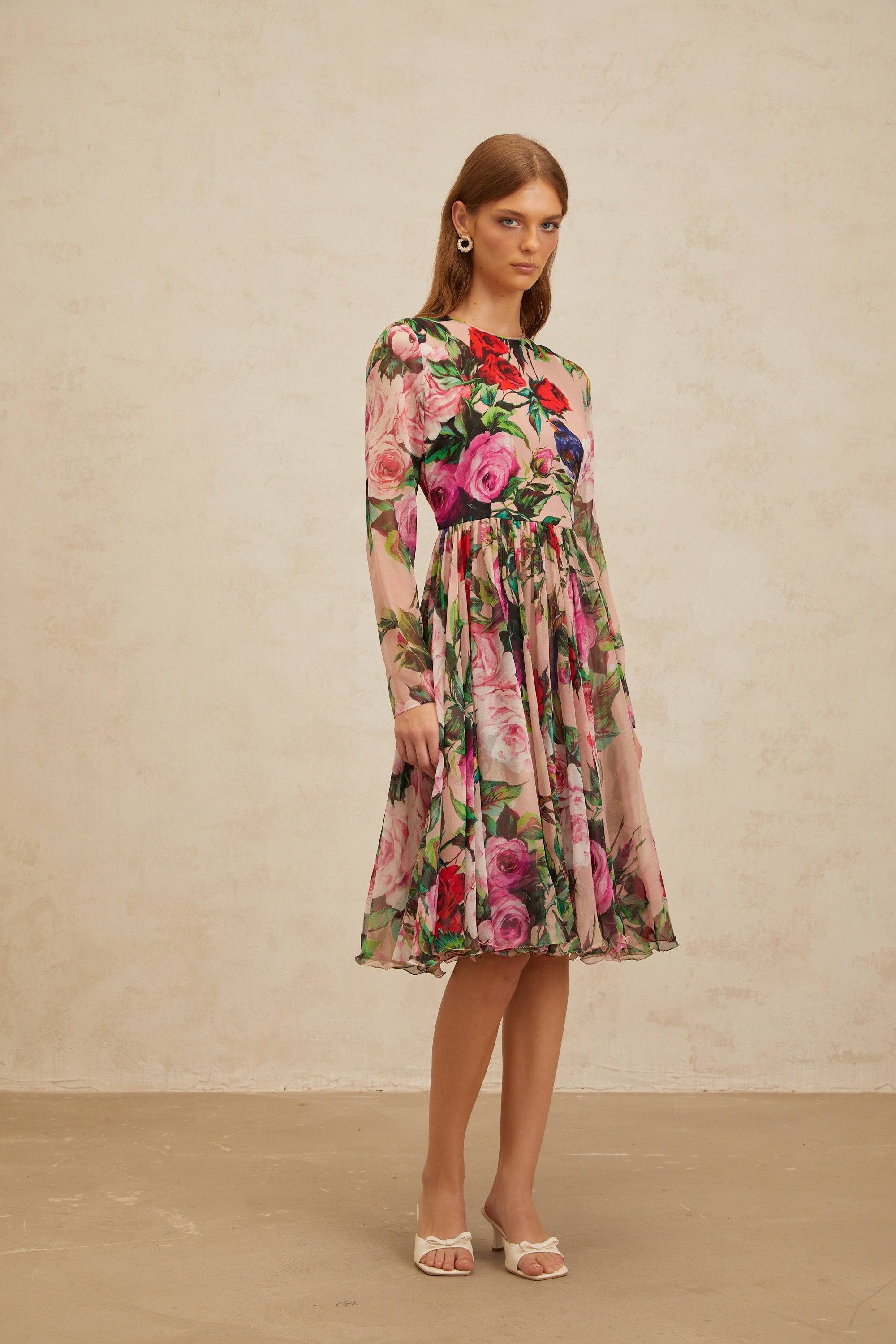 Coralie Pink Rose Print Summer Silk Midi Dress (Final Sale-US Only)