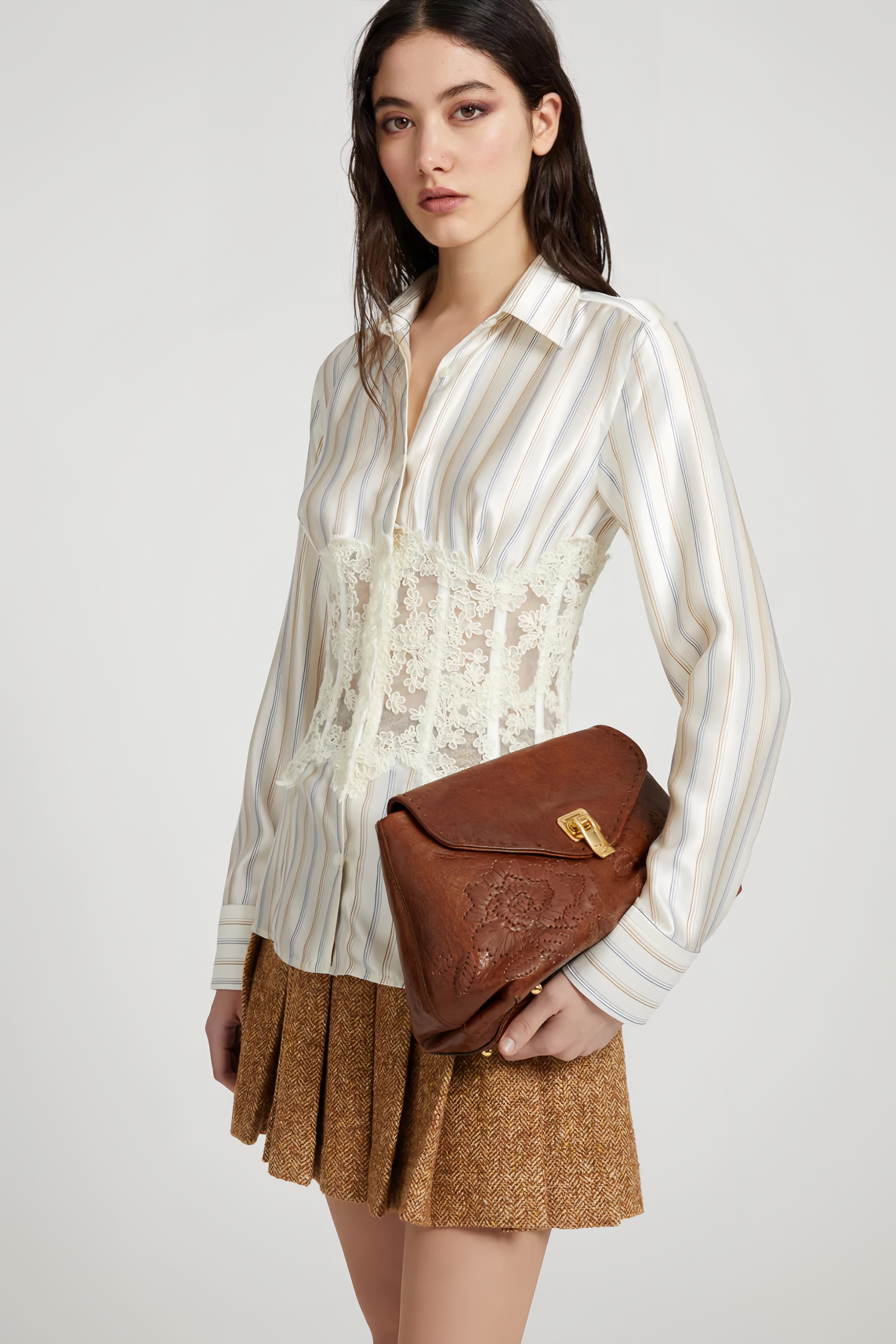 Vertical Striped Button-Up Shirt with Integrated White Lace Corset Waist and Long Sleeves
